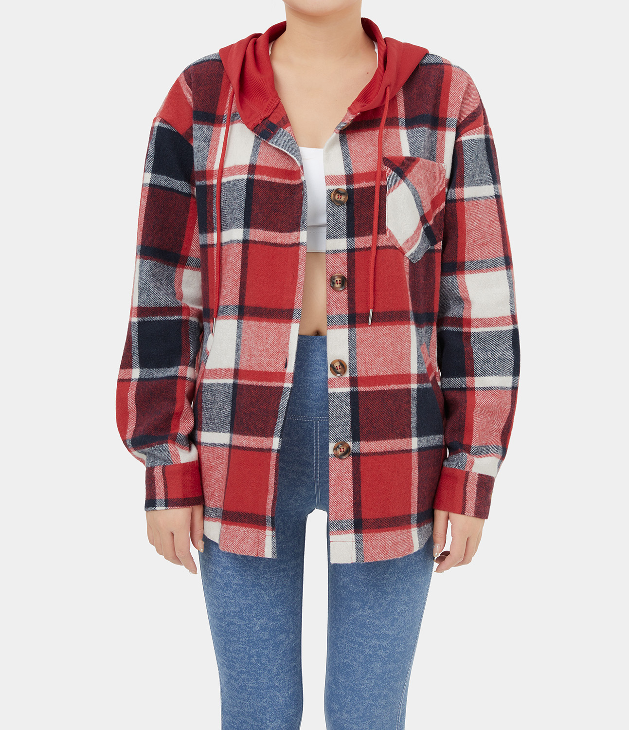 Halara Hooded Drawstring Button Side Pocket Plaid Fleece Casual Jacket  - Volcanic Red Lattice - XL 