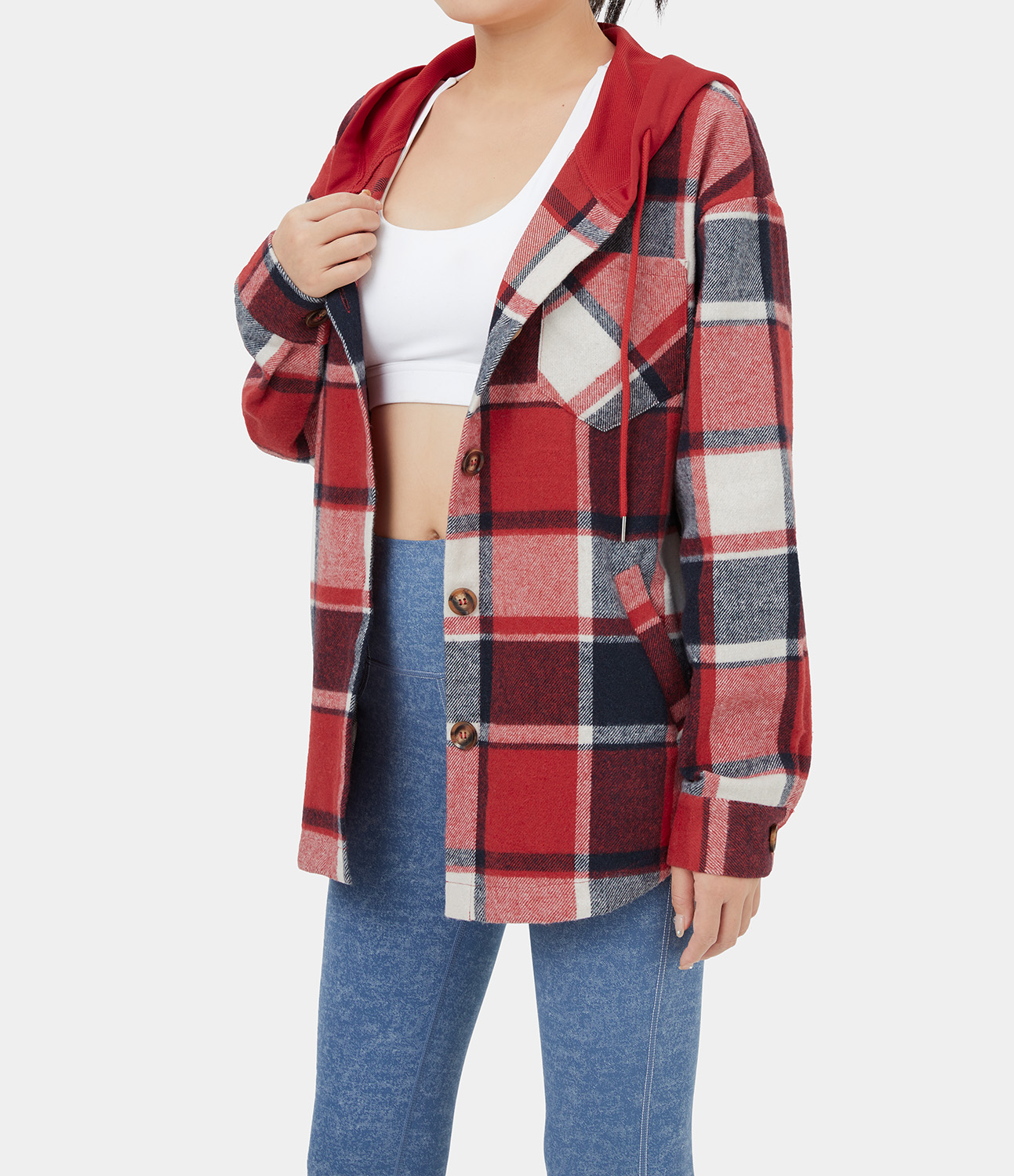 Halara Hooded Drawstring Button Side Pocket Plaid Fleece Casual Jacket  - Volcanic Red Lattice - XL 