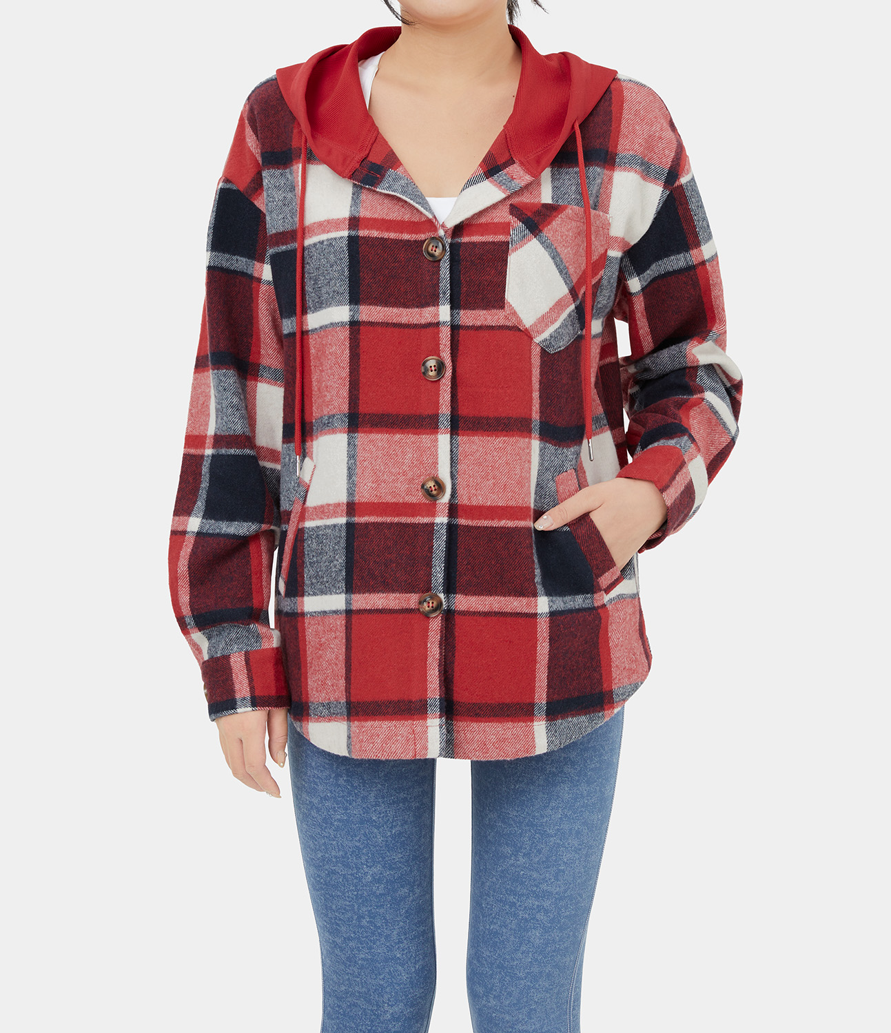 Halara Hooded Drawstring Button Side Pocket Plaid Fleece Casual Jacket  - Volcanic Red Lattice - XL 