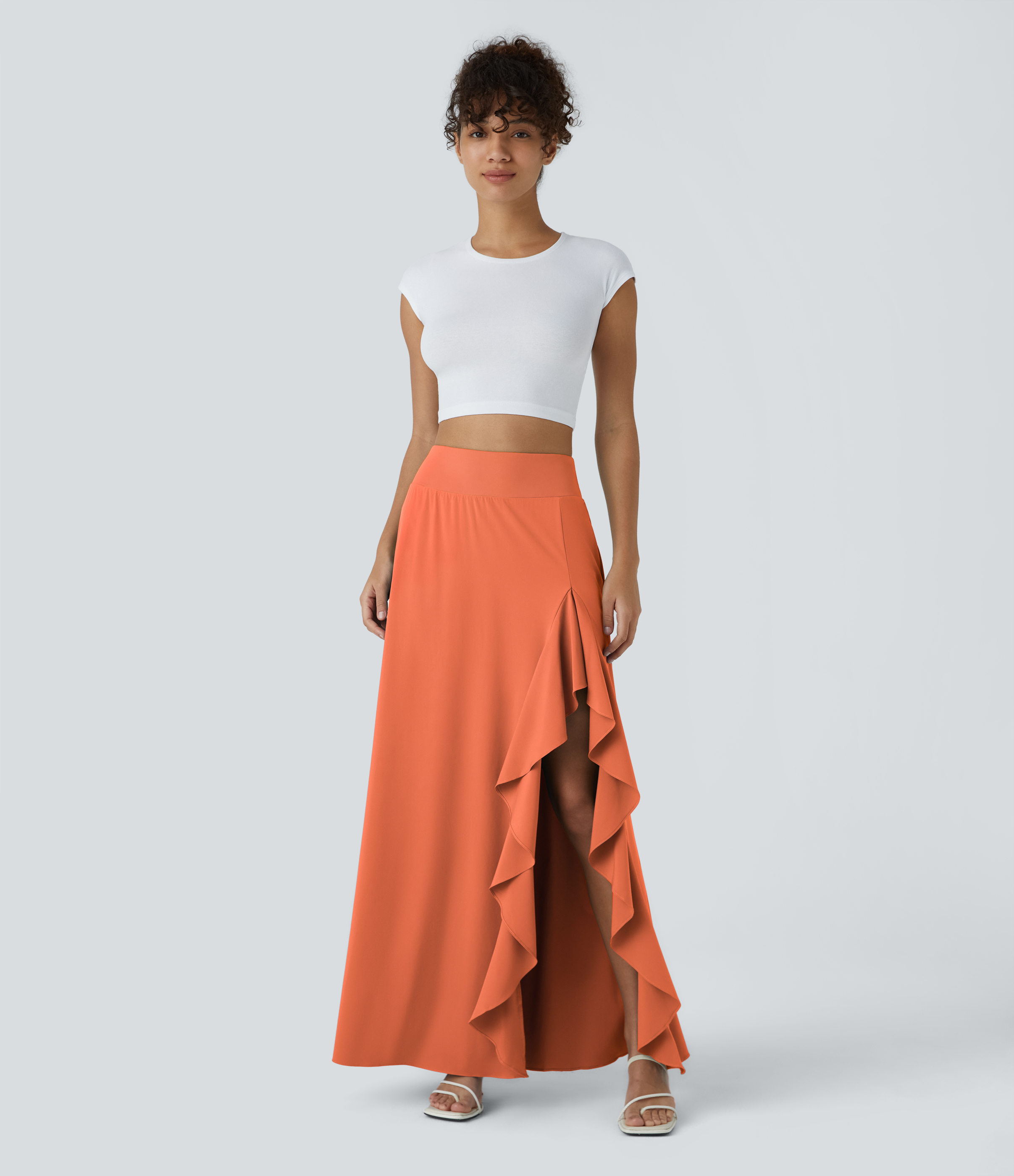 Halara Breezefulв„ў High Waisted Asymmetric Ruffle Trim Split Hem 2-in-1 Maxi Quick Dry Casual Skirt  - Flamingo - M(regular) 