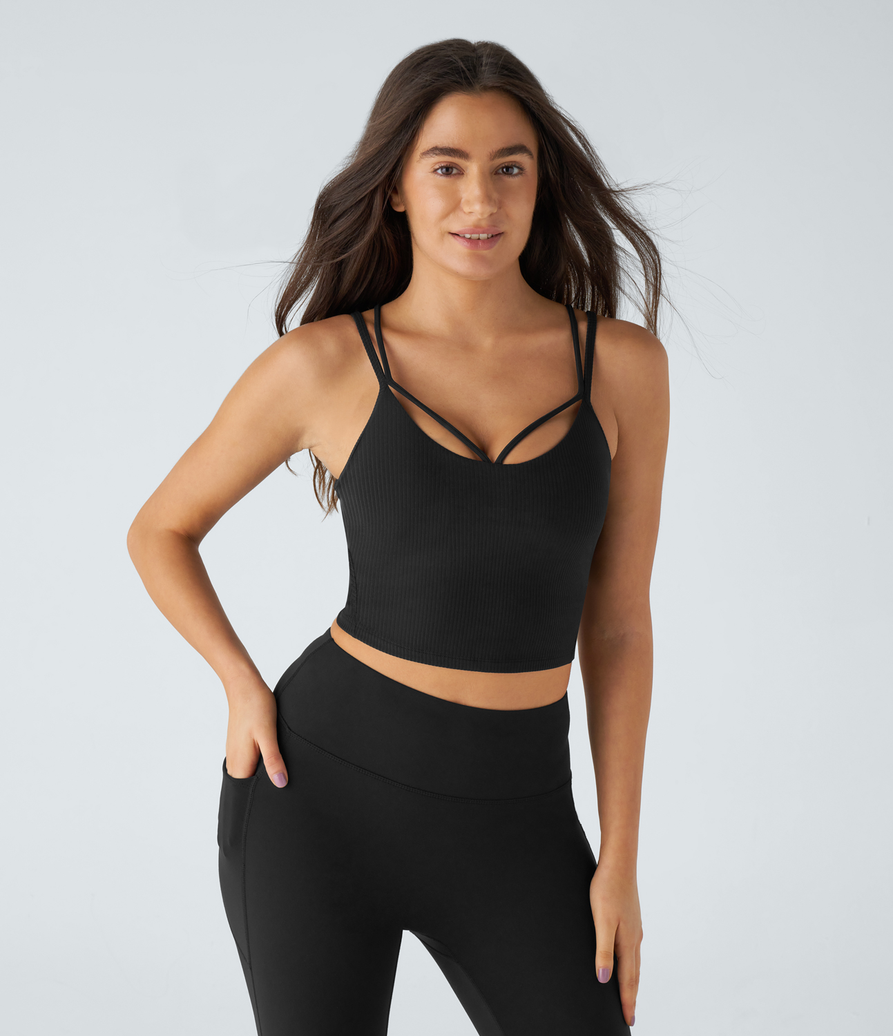 Halara Ribbed Knit Backless Double Straps Yoga Cami Top Tank Top - Black - L golf tops halter top tunic tops sleeveless tops backless top 