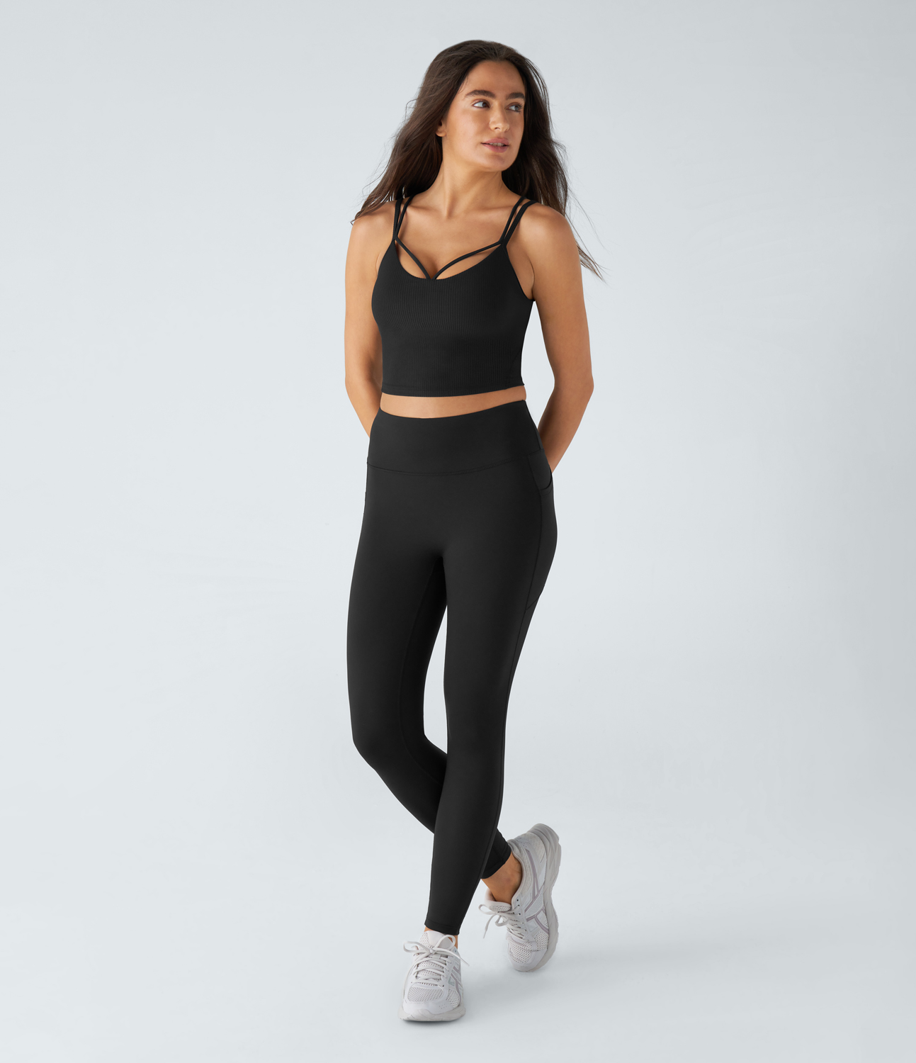 Halara Ribbed Knit Backless Double Straps Yoga Cami Top Tank Top - Black - L golf tops halter top tunic tops sleeveless tops backless top 