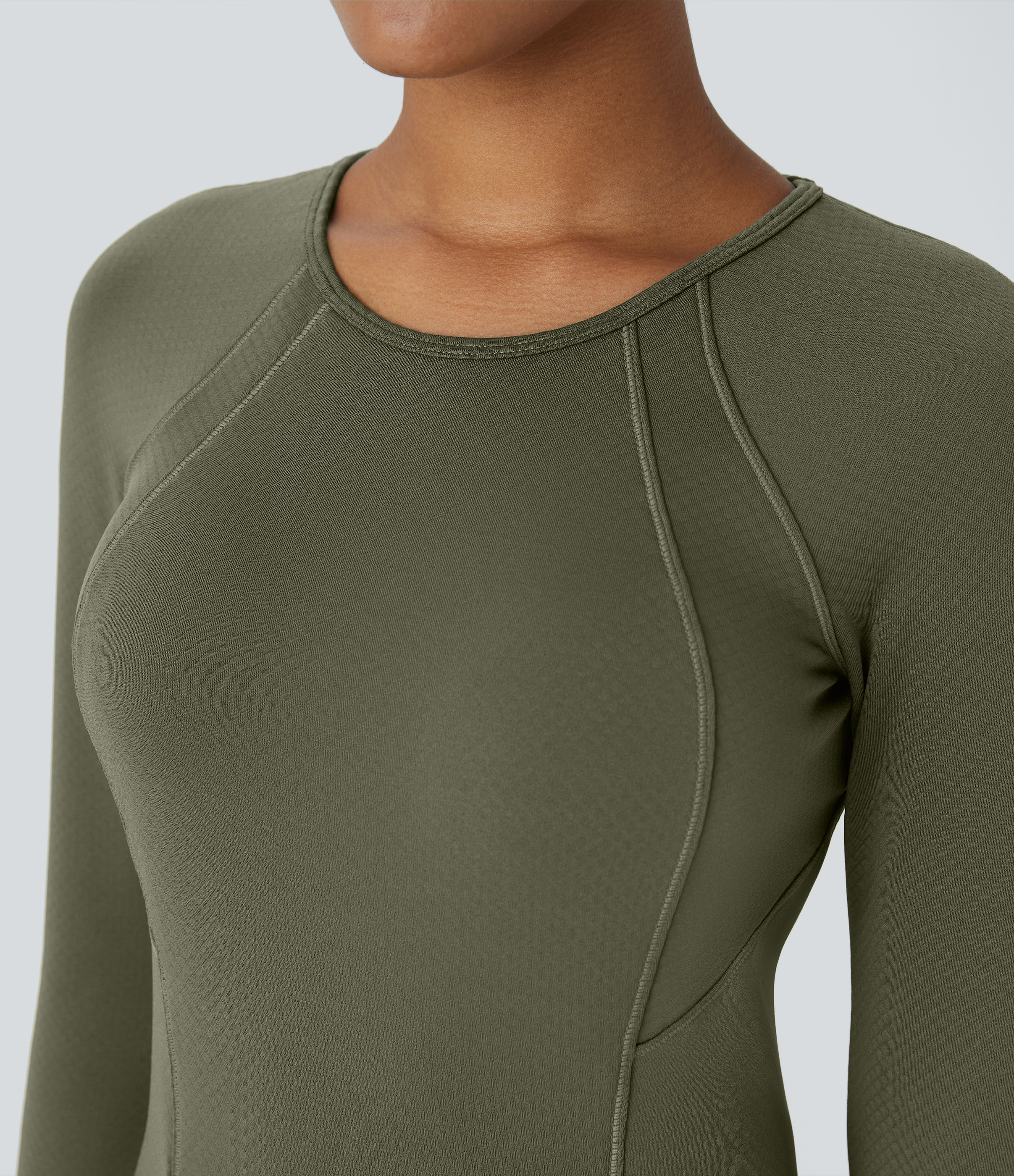 Halara 3D Thermal Round Neck Side Zip Pocket Bodycon Casual Sports Sweatshirt  - Grass Grey Green - XS 
