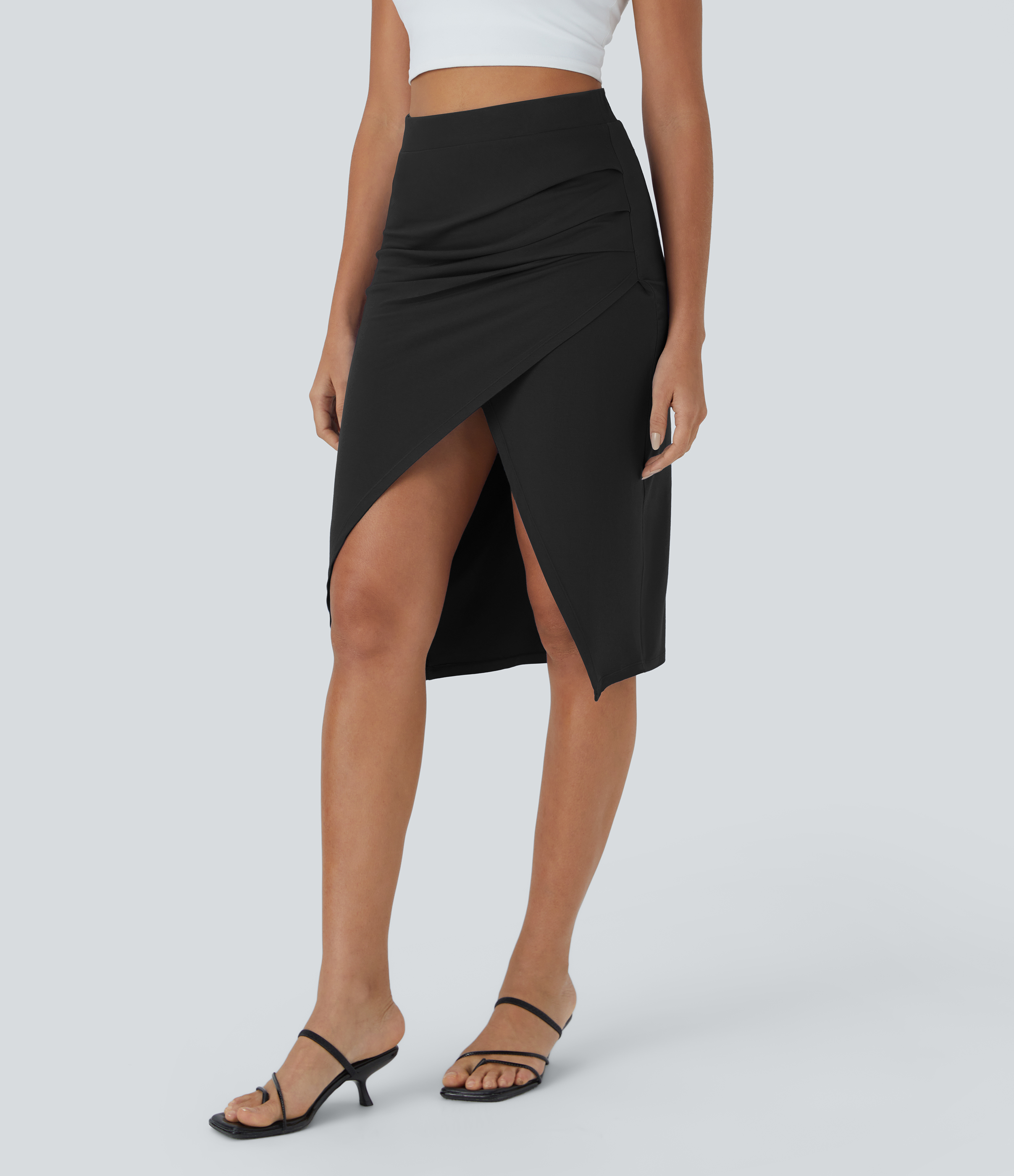 Halara Ruched Split Hem Bodycon Midi Casual Skirt  - Black - XL 