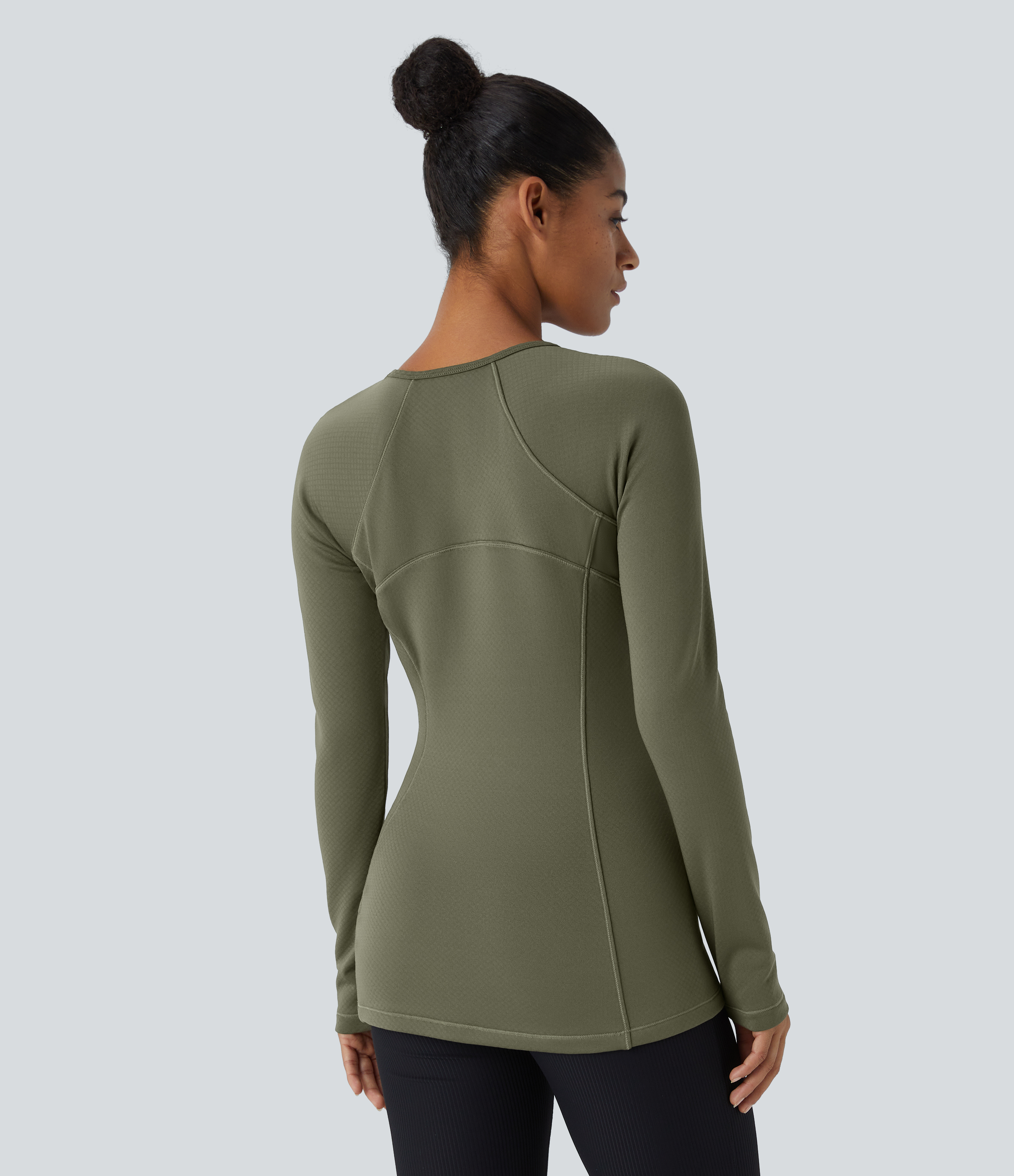 Halara 3D Thermal Round Neck Side Zip Pocket Bodycon Casual Sports Sweatshirt  - Grass Grey Green - XS 