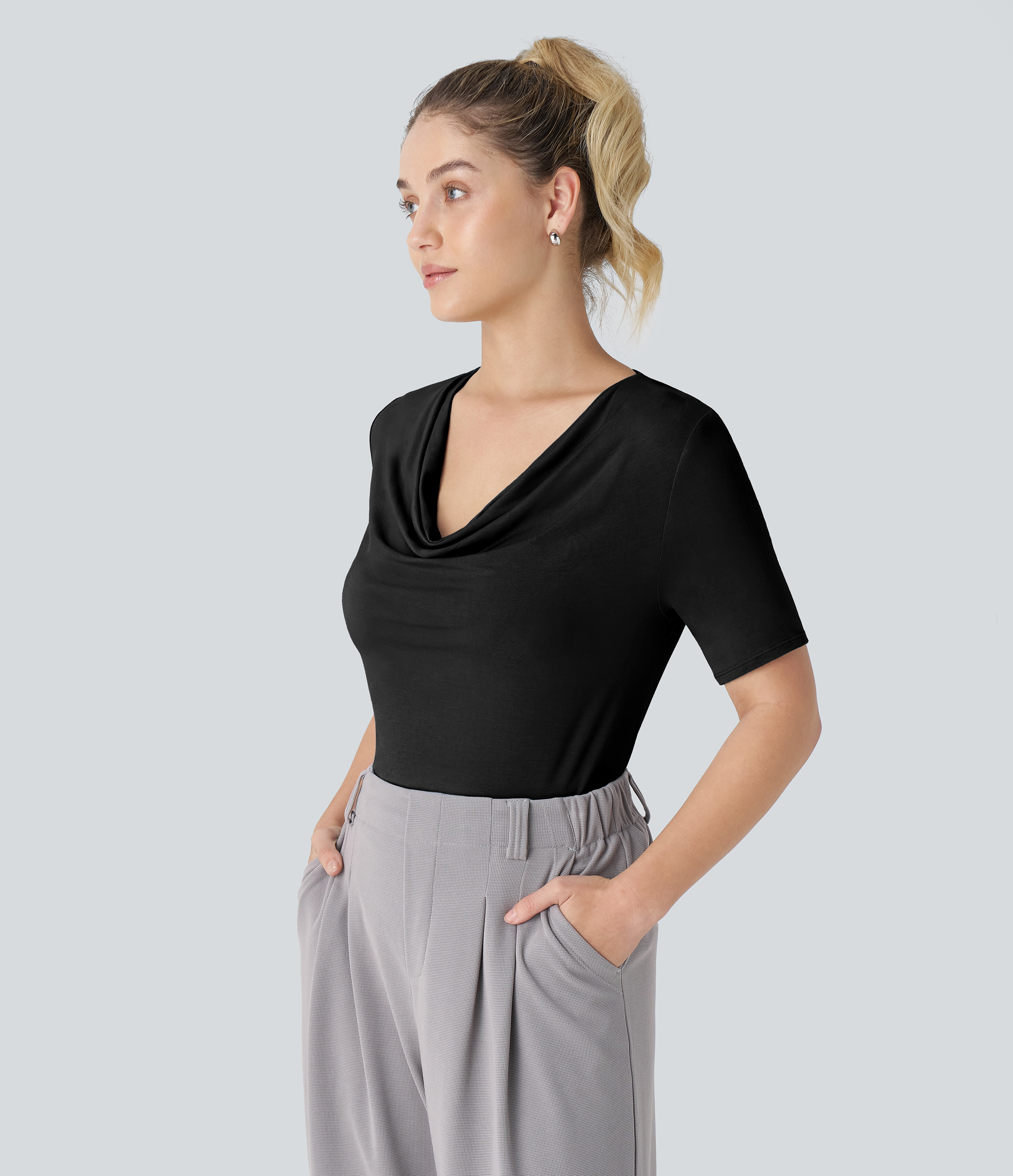 Halara Cowl Neck Short Sleeve Work Top Tank Top - Black - XL golf tops halter top tunic tops sleeveless tops backless top 