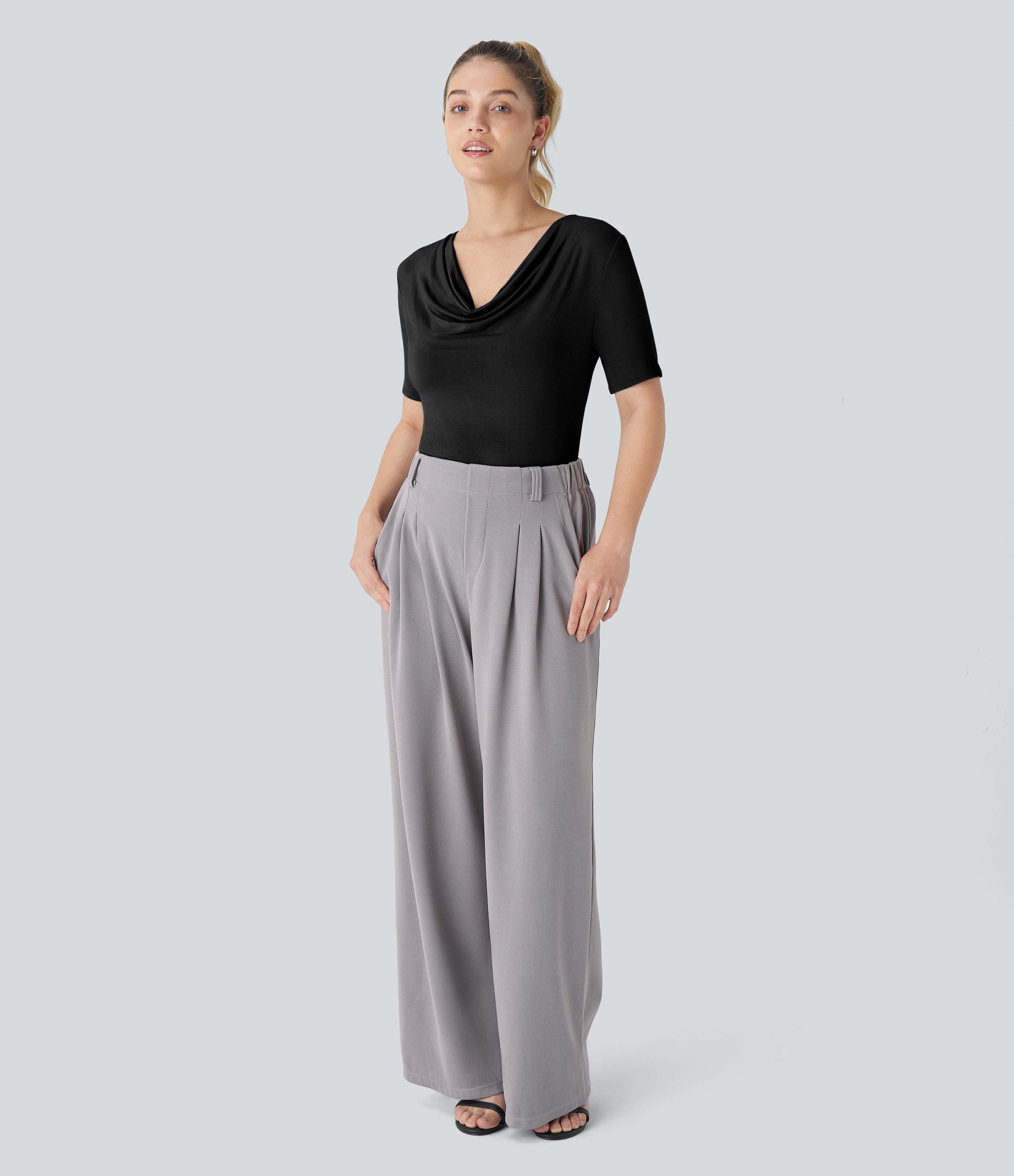 Halara Cowl Neck Short Sleeve Work Top Tank Top - Black - XL golf tops halter top tunic tops sleeveless tops backless top 