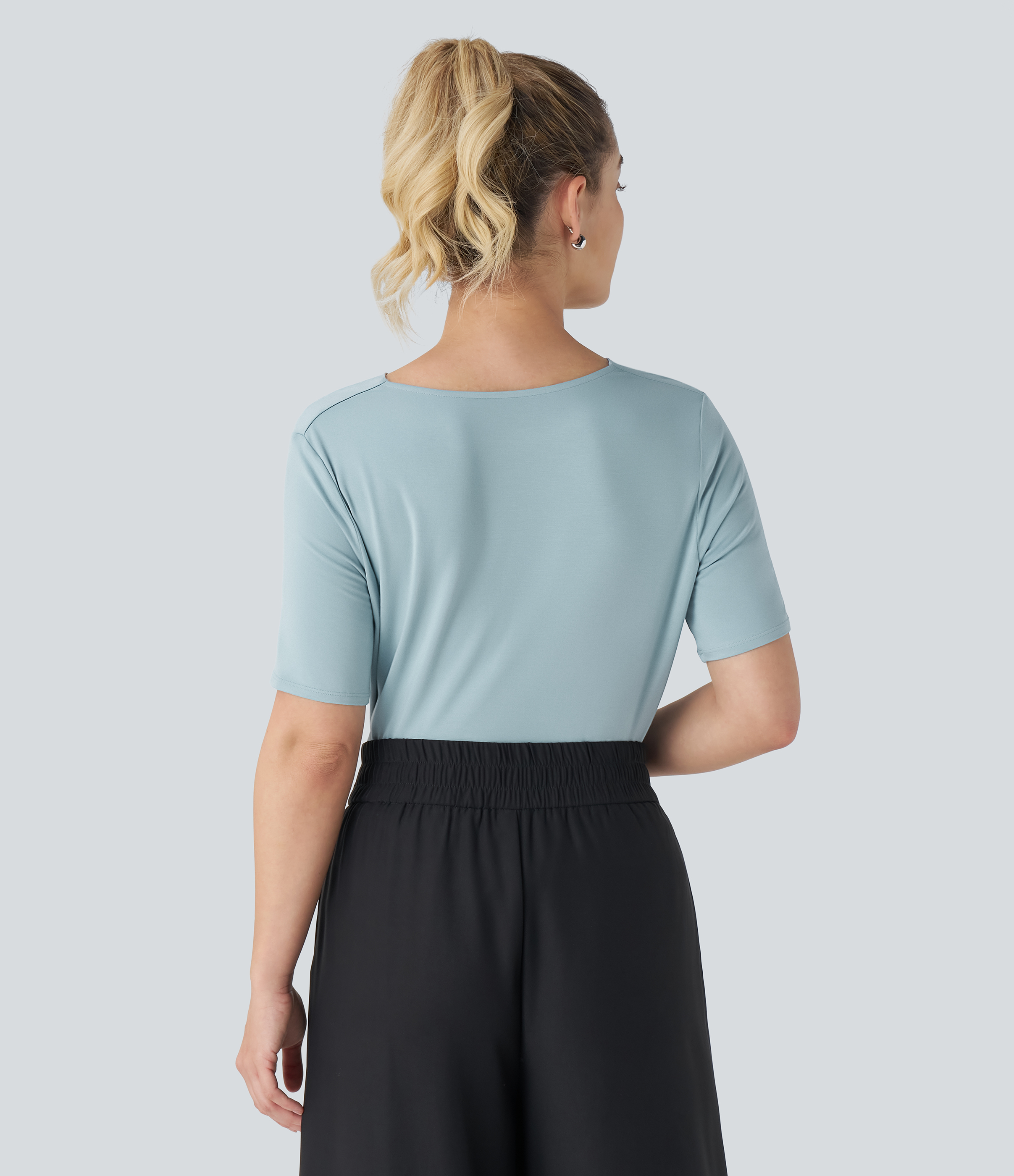 Halara Cowl Neck Short Sleeve Work Top Tank Top - Sterling Blue - M golf tops halter top tunic tops sleeveless tops backless top 