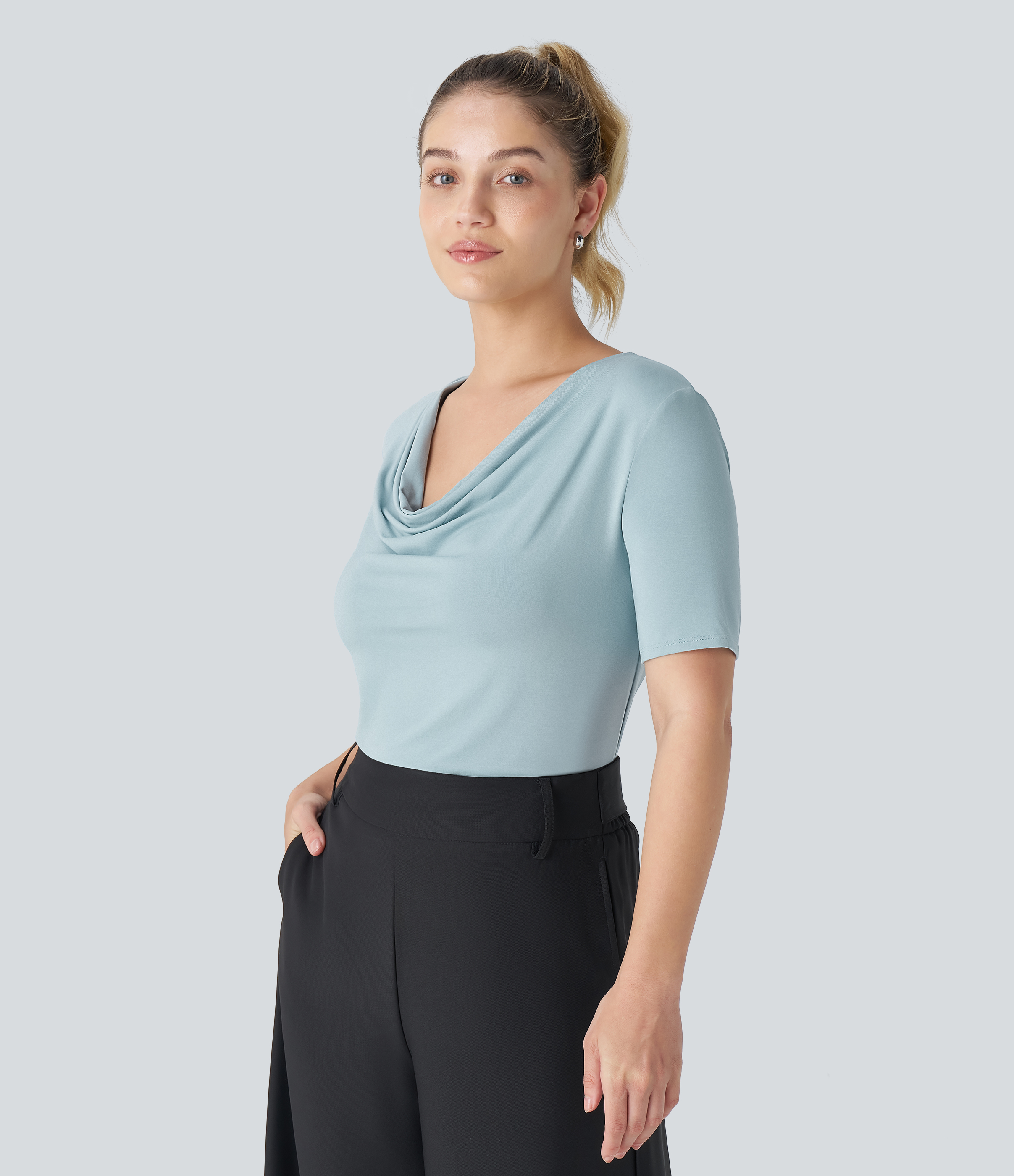 Halara Cowl Neck Short Sleeve Work Top Tank Top - Sterling Blue - M golf tops halter top tunic tops sleeveless tops backless top 