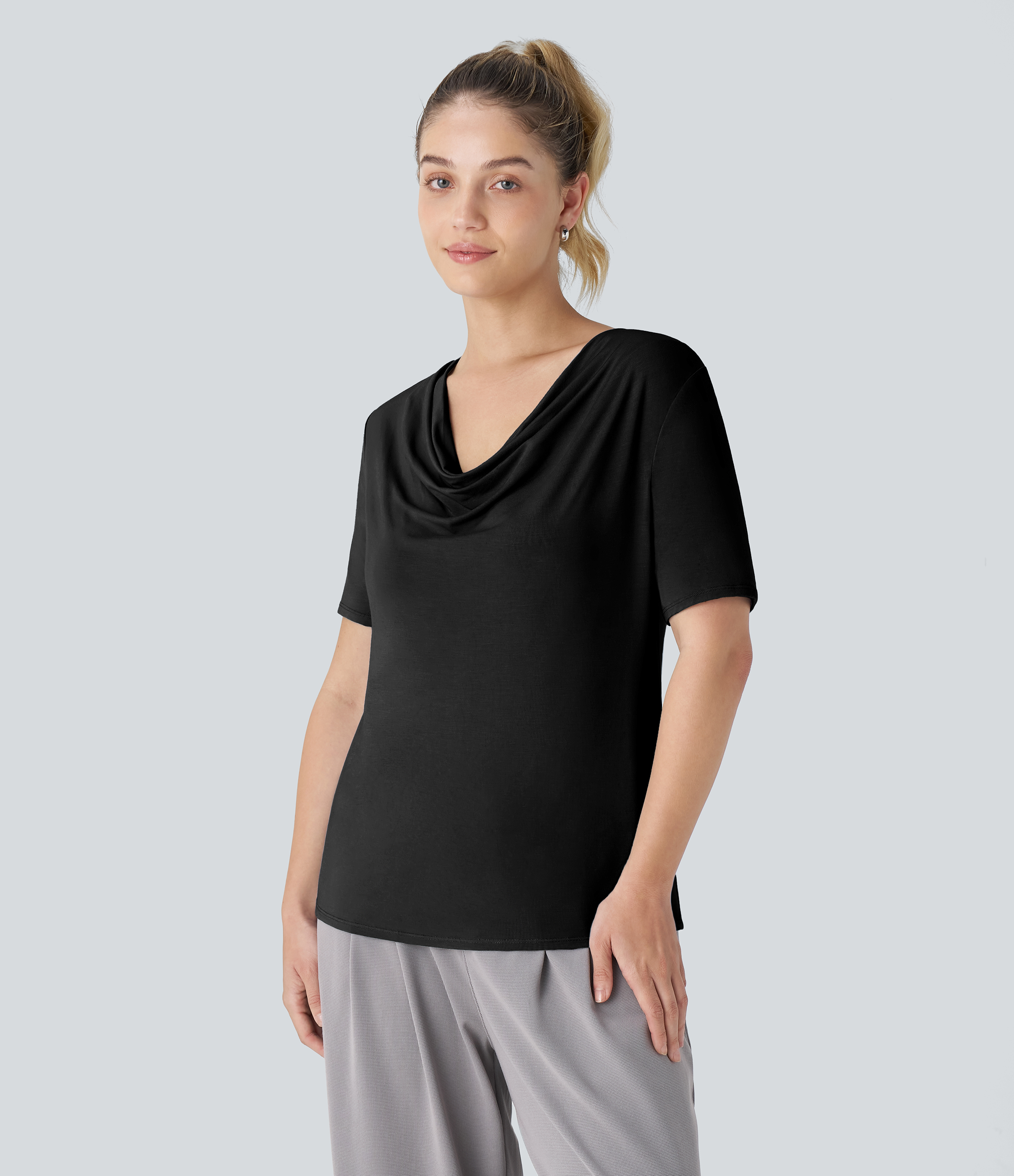 Halara Cowl Neck Short Sleeve Work Top Tank Top - Black - XL golf tops halter top tunic tops sleeveless tops backless top 