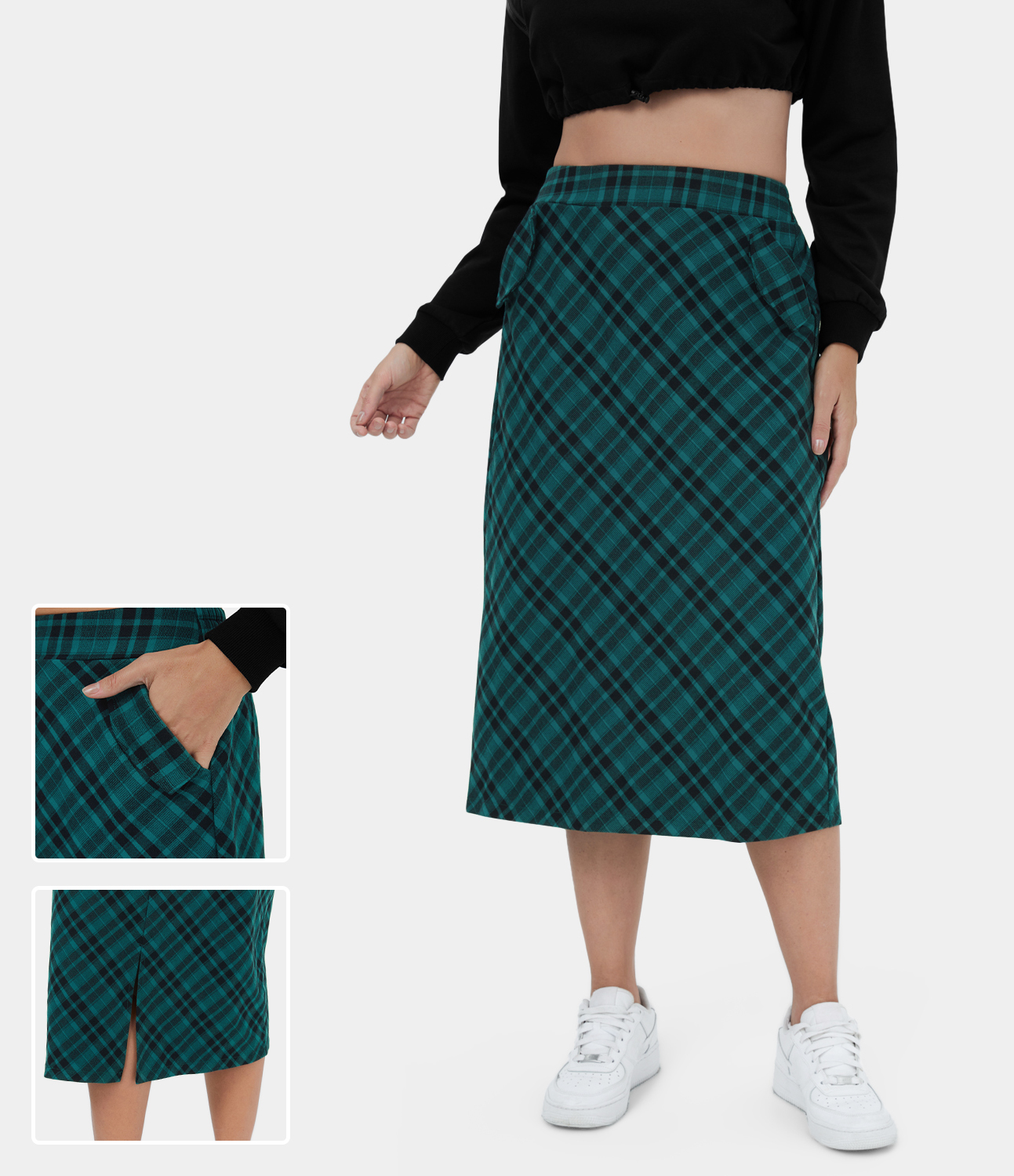 Women’s High Waisted Side Pocket Split Plaid Midi Casual Skirt - HALARA