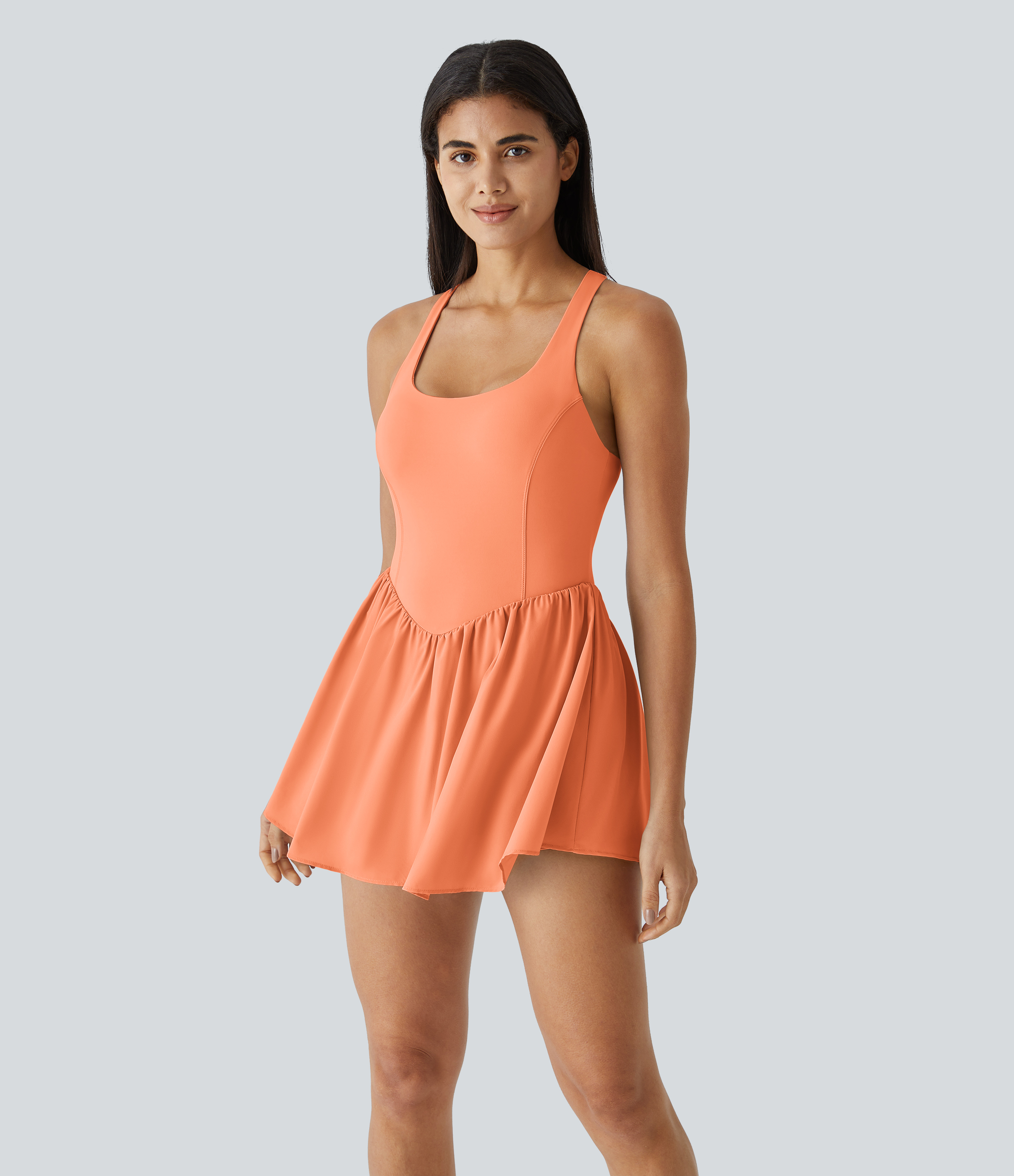 Halara Breezefulв„ў Square Neck Backless Cut Out Crisscross Twisted Back 2-in-1 Side Pocket Corset Mini Quick Dry Flowy Casual Dress Workout Dress - Blush Orange - L 