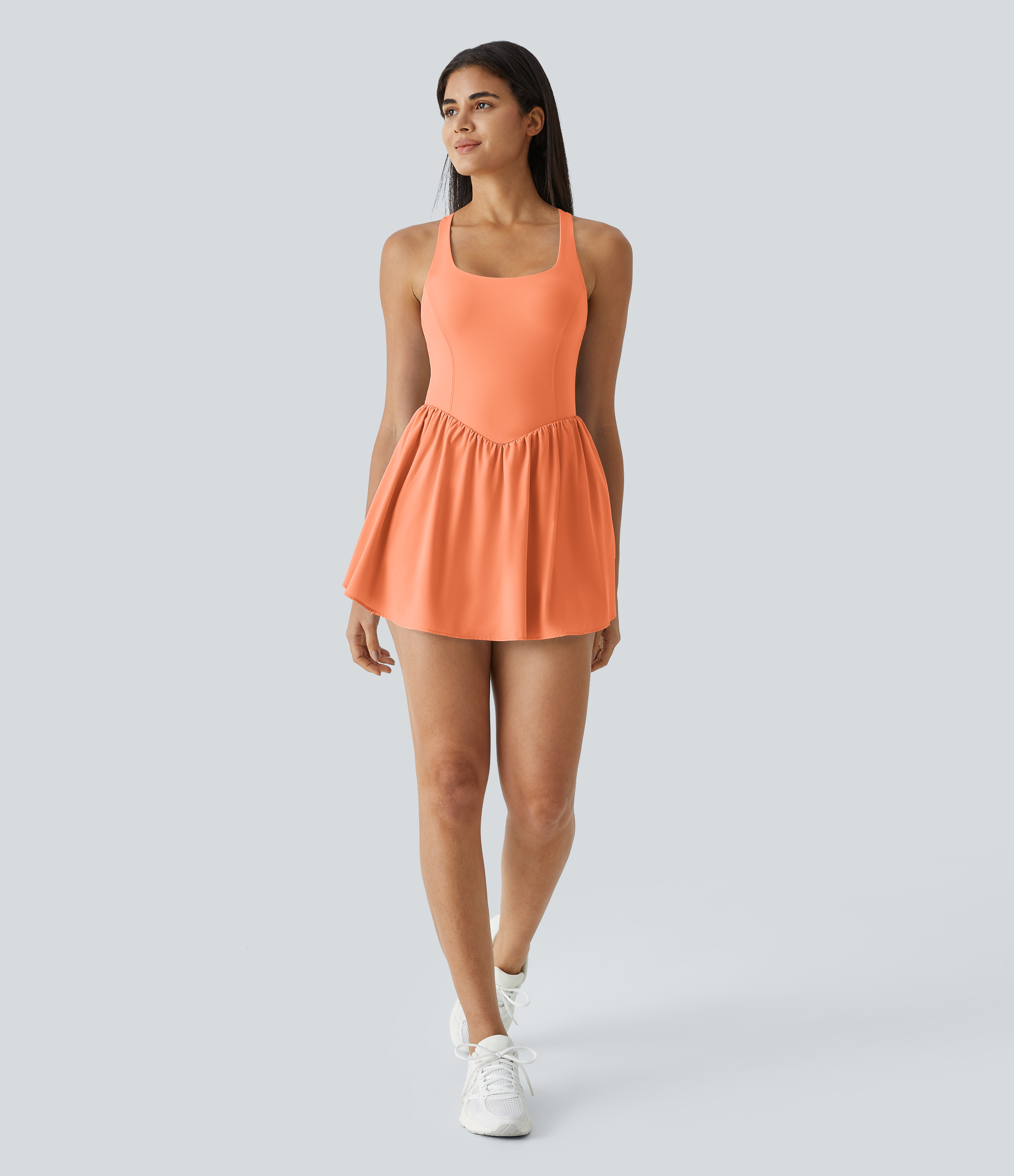 Halara Breezefulв„ў Square Neck Backless Cut Out Crisscross Twisted Back 2-in-1 Side Pocket Corset Mini Quick Dry Flowy Casual Dress Workout Dress - Blush Orange - L 