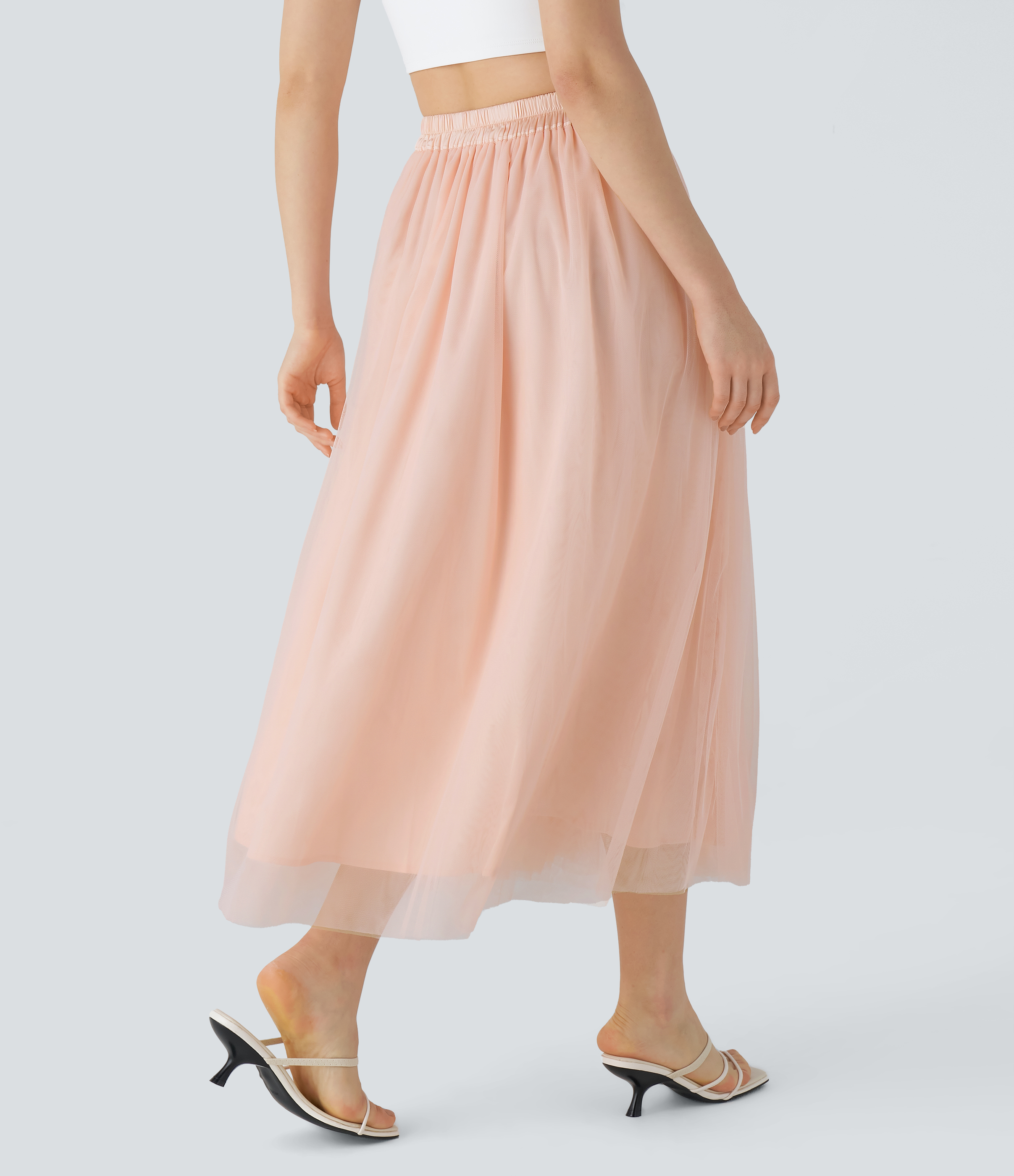Halara High Waisted Mesh Overlay Flowy Flare Midi Casual Skirt  - Cream Tan - S(regular) 