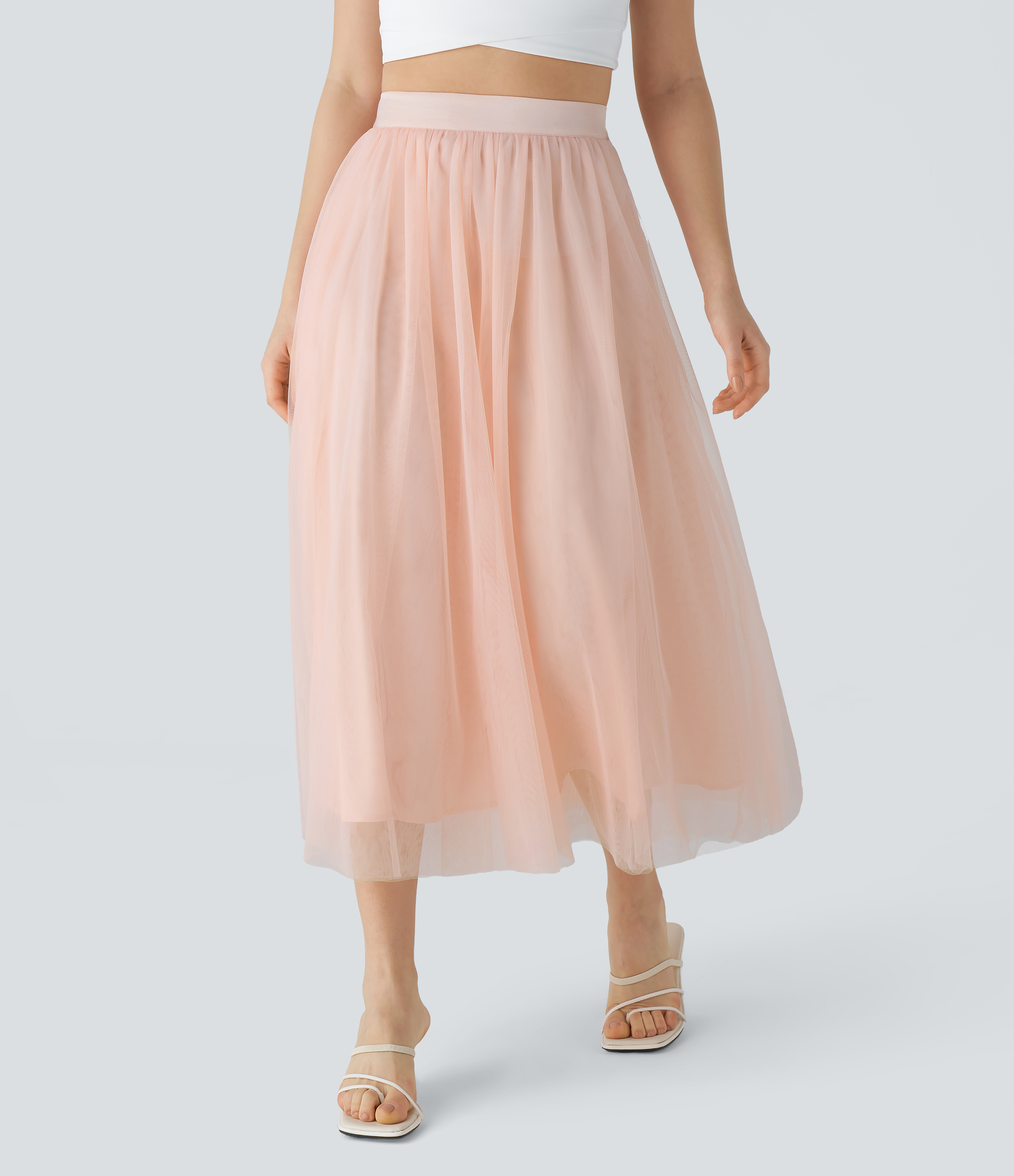 Halara High Waisted Mesh Overlay Flowy Flare Midi Casual Skirt  - Cream Tan - S(regular) 