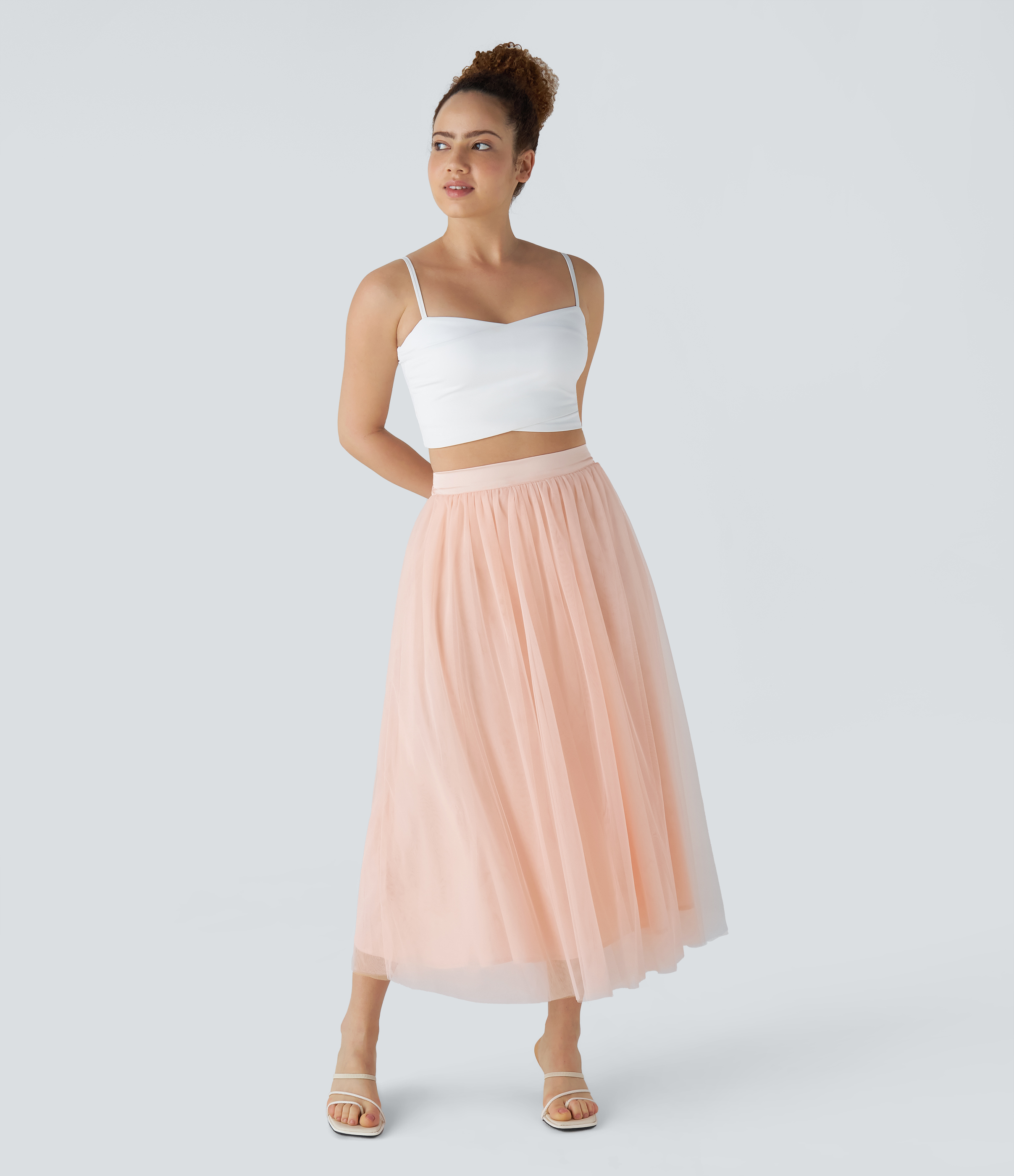 Halara High Waisted Mesh Overlay Flowy Flare Midi Casual Skirt  - Cream Tan - S(regular) 