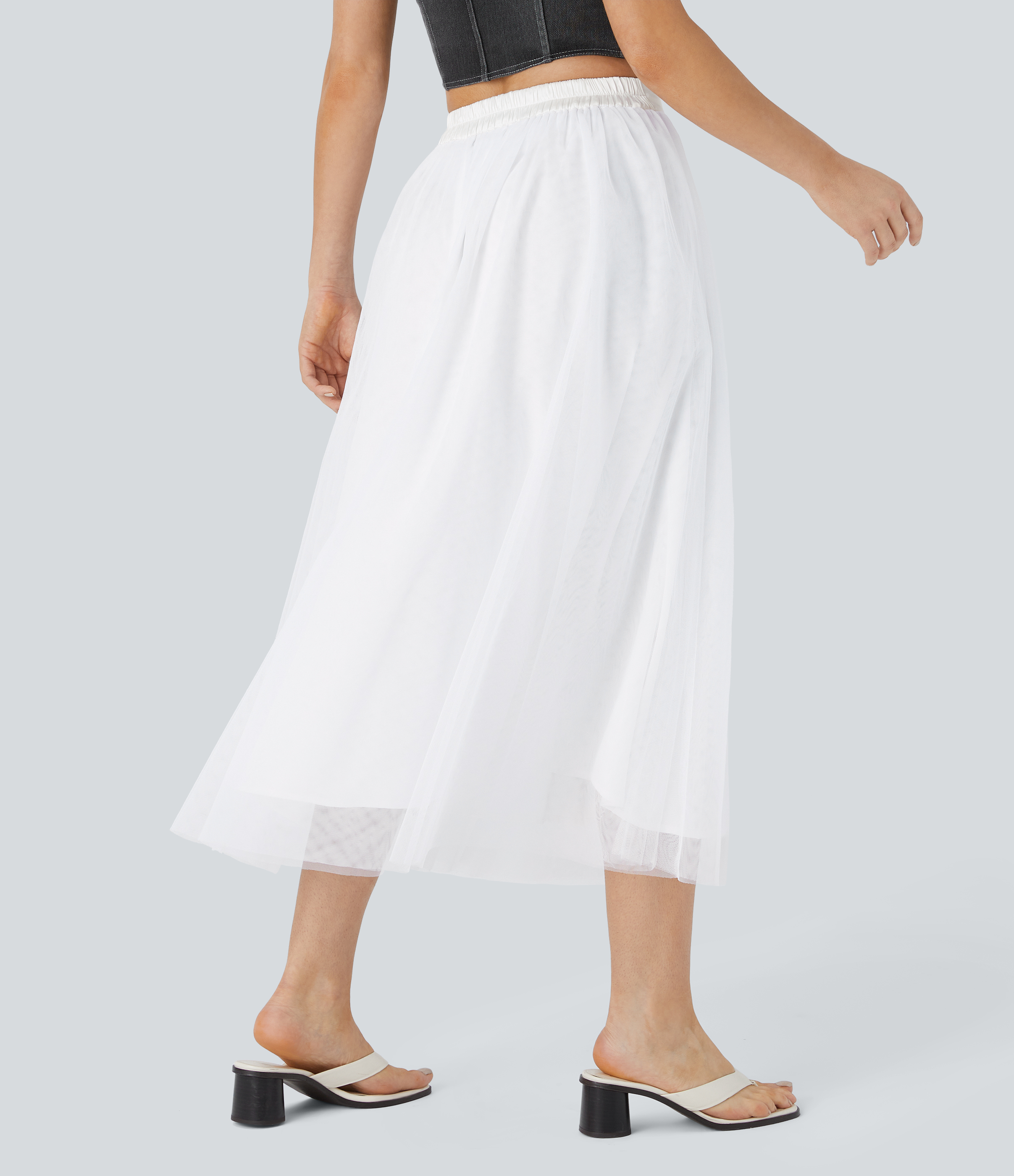 Halara High Waisted Mesh Overlay Flowy Flare Midi Casual Skirt  - White - XL(regular) 