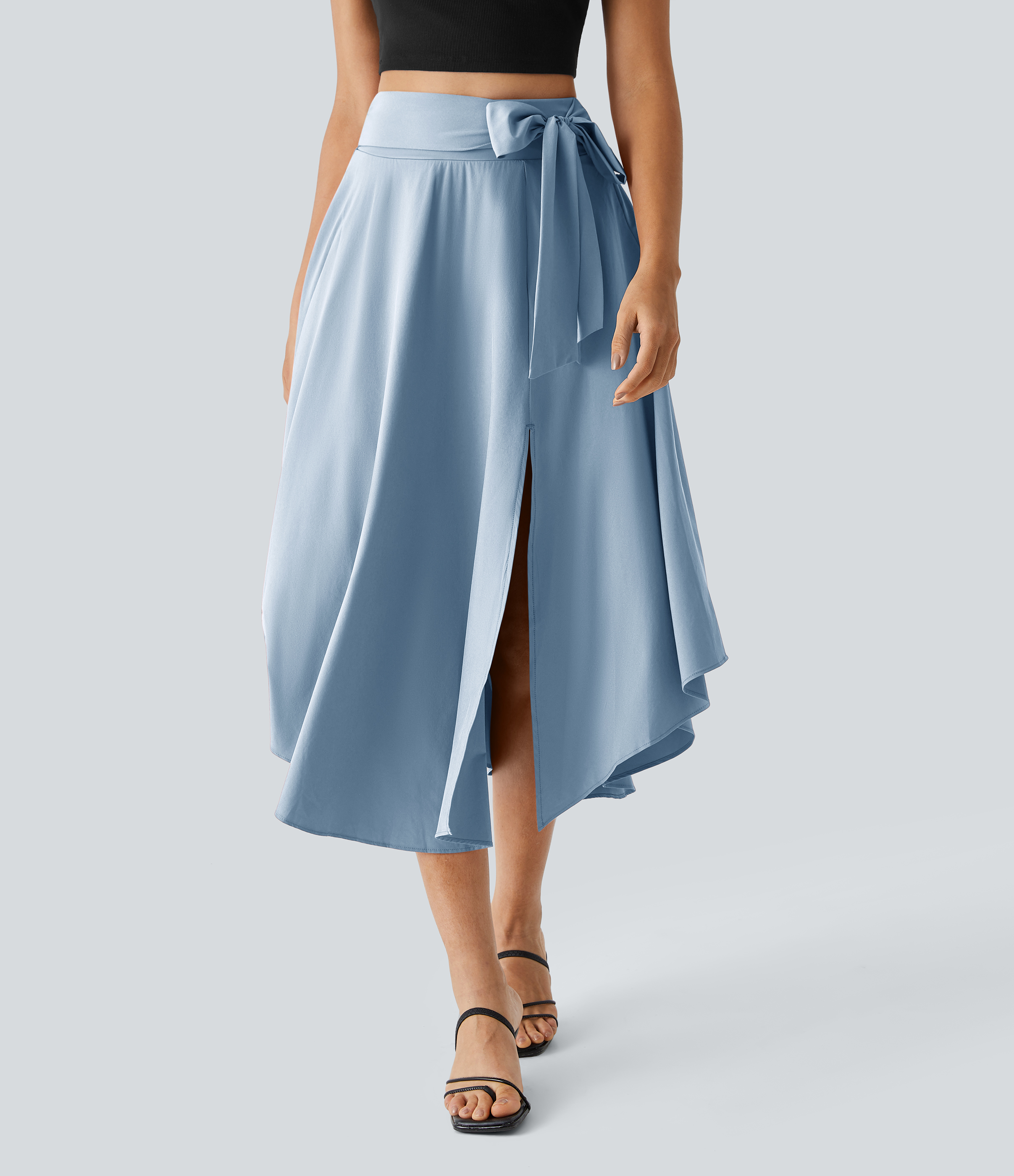 Halara Breezefulв„ў High Waisted Tie Side Split 2-in-1 Curved Hem Flowy Flare Quick Dry Midi Casual Skirt  - Ballad Blue - XS(regular) 