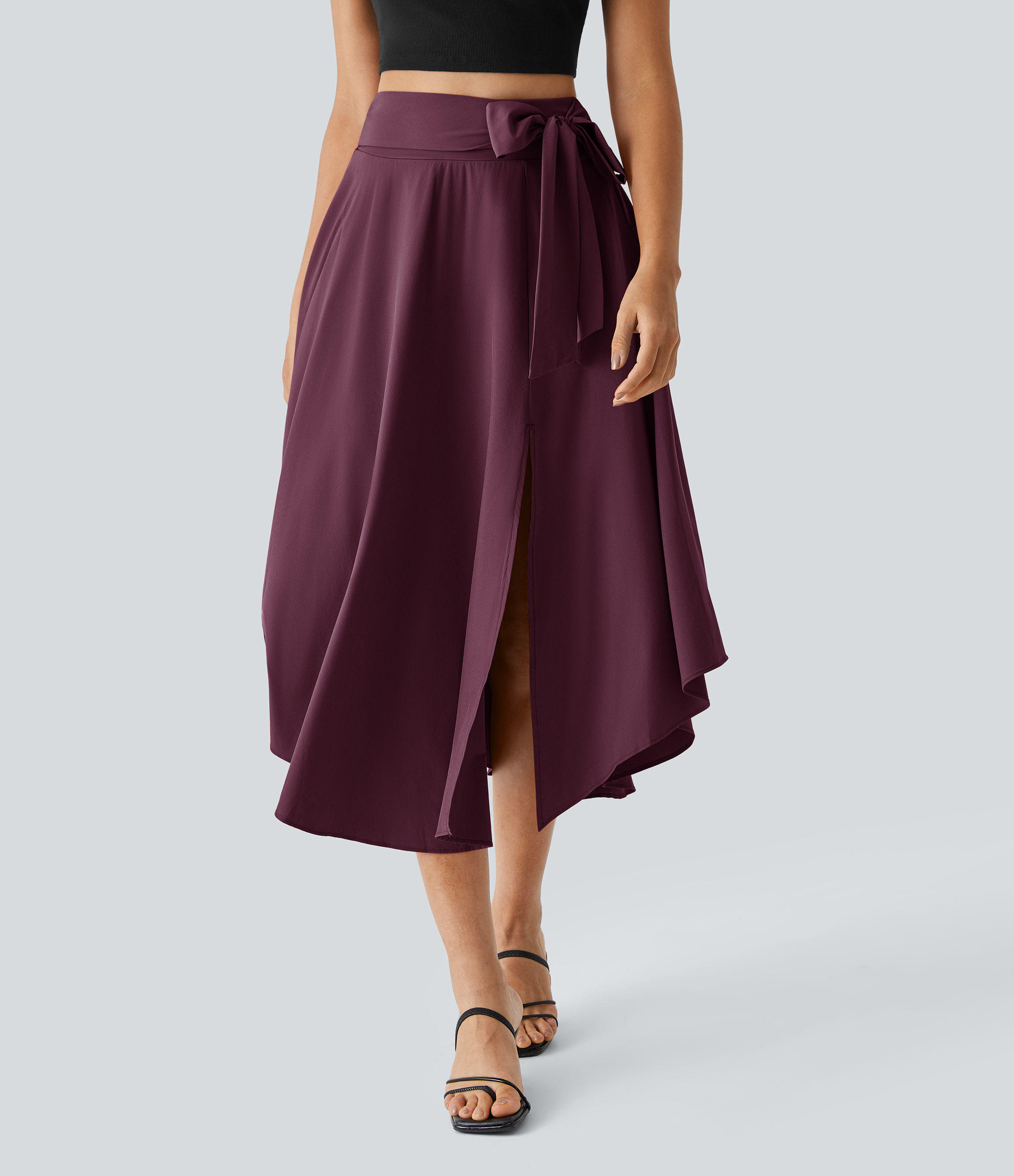 Halara Breezefulв„ў High Waisted Tie Side Split 2-in-1 Curved Hem Flowy Flare Quick Dry Midi Casual Skirt  - Deep Crimson - M(regular) 