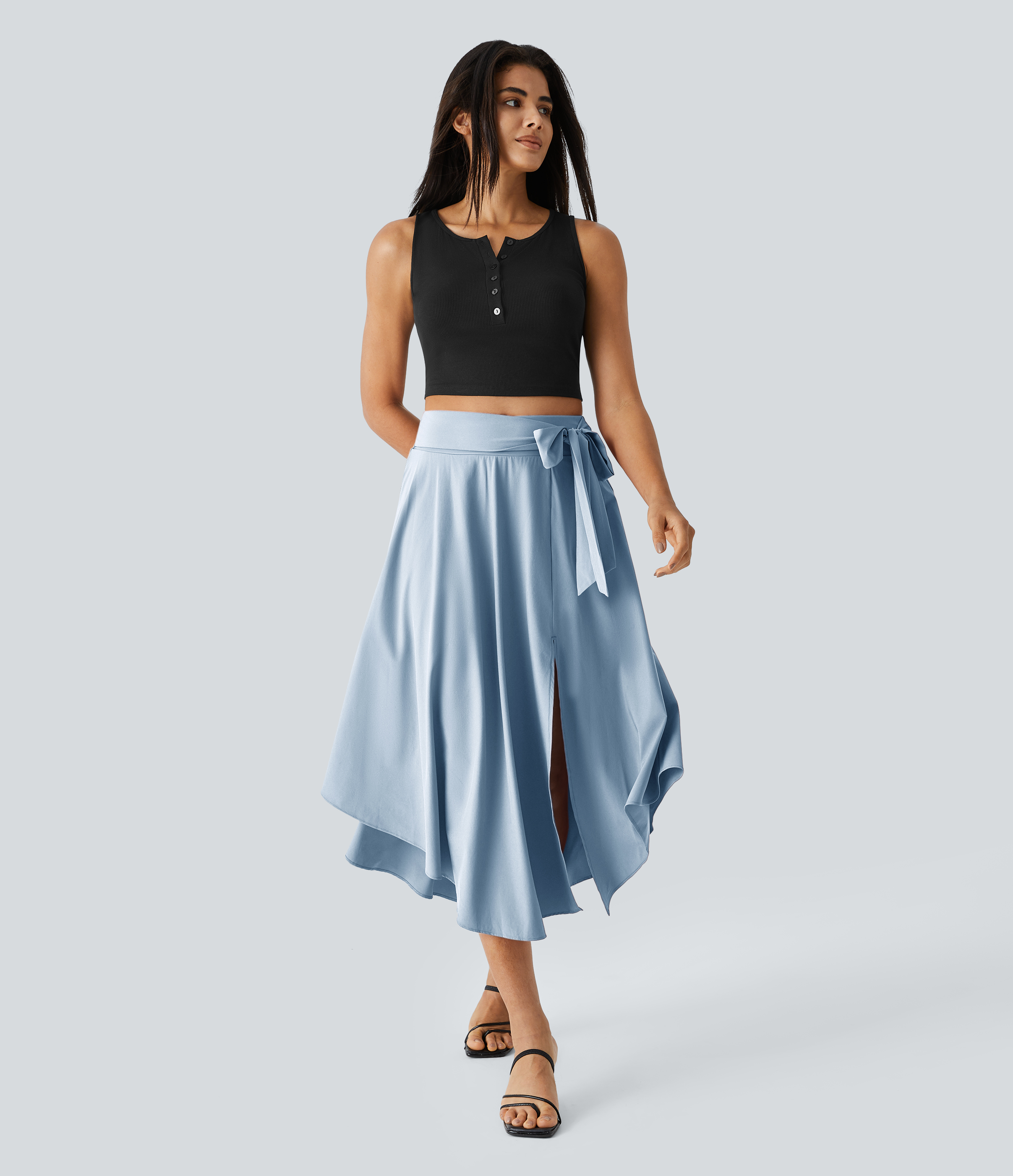 Halara Breezefulв„ў High Waisted Tie Side Split 2-in-1 Curved Hem Flowy Flare Quick Dry Midi Casual Skirt  - Ballad Blue - XS(regular) 