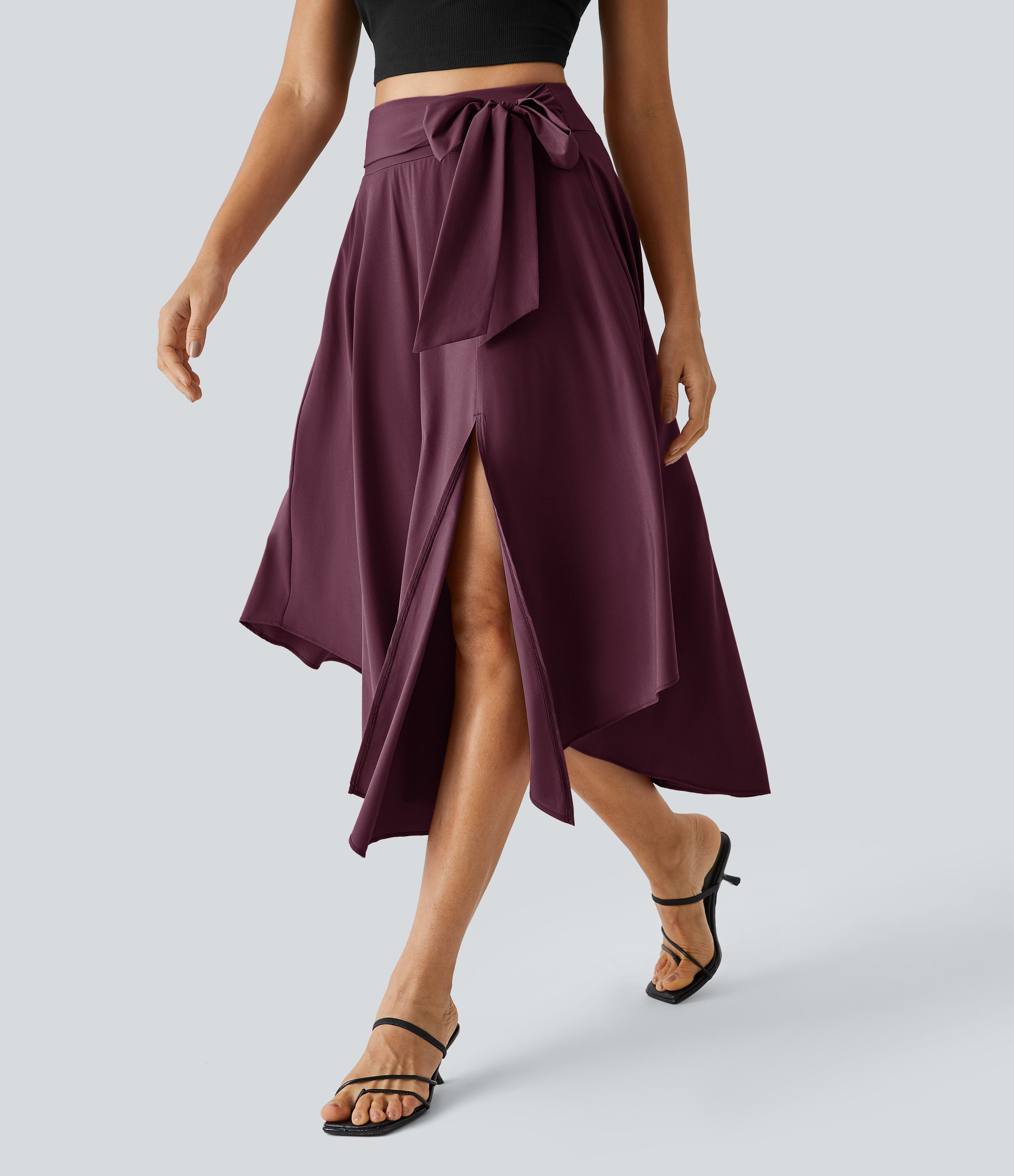 Halara Breezefulв„ў High Waisted Tie Side Split 2-in-1 Curved Hem Flowy Flare Quick Dry Midi Casual Skirt  - Deep Crimson - M(regular) 