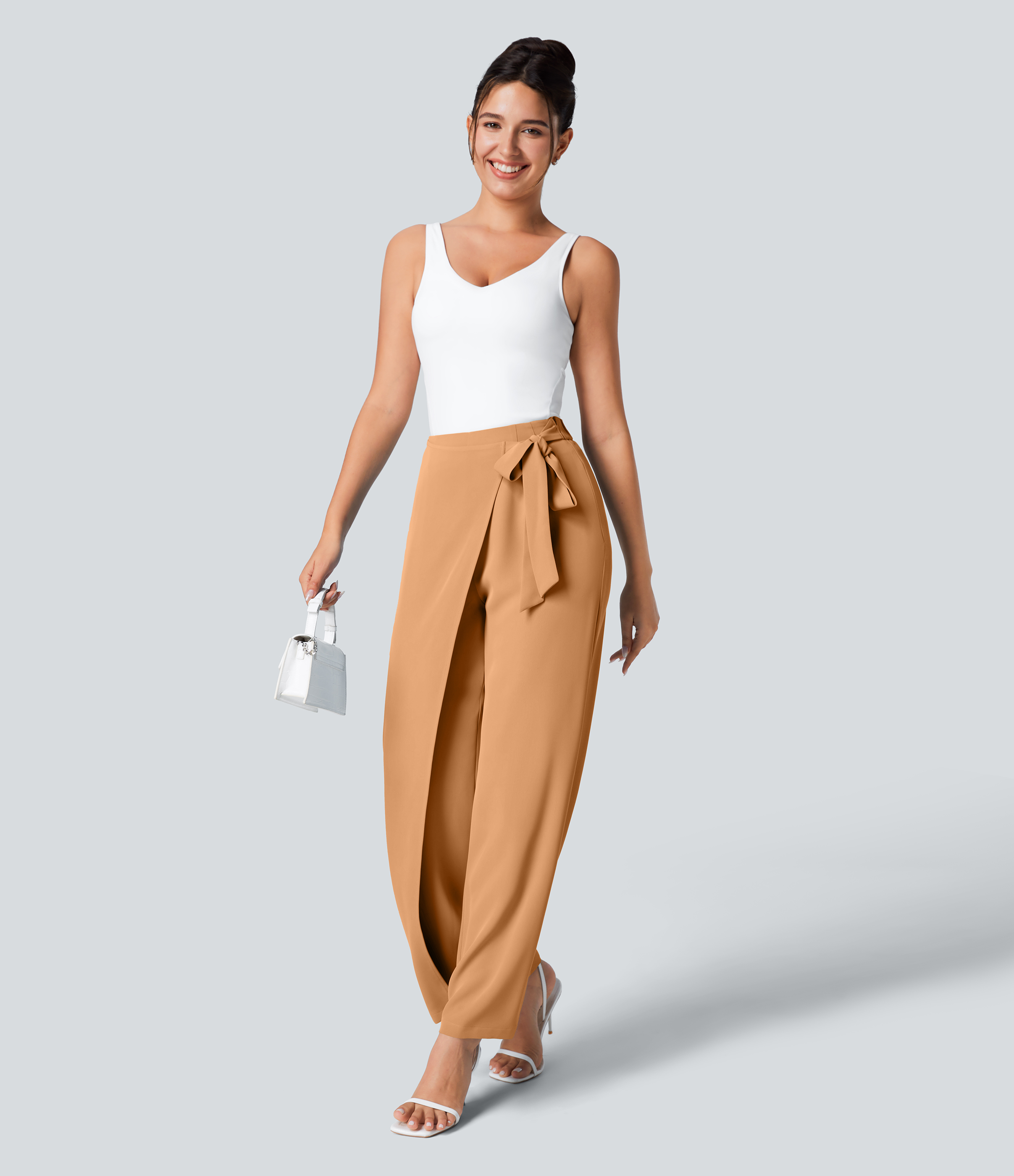 Halara High Waisted Tie Side Invisible Zipper Wide Leg Work Pants  - Gold Earth - XL(regular) sweatpants jogger pants stacked sweatpants 