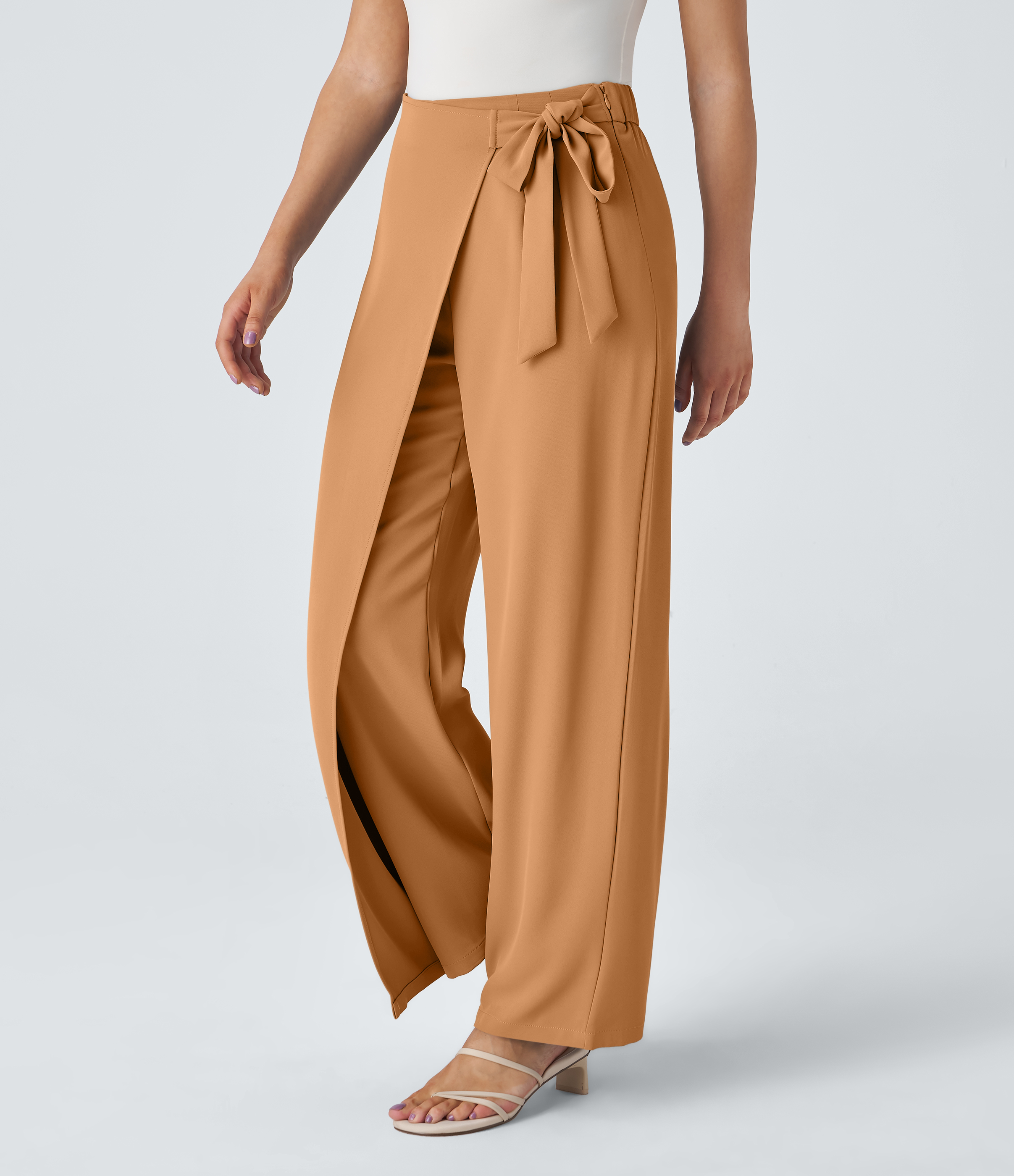 Halara High Waisted Tie Side Invisible Zipper Wide Leg Work Pants  - Gold Earth - XL(regular) sweatpants jogger pants stacked sweatpants 