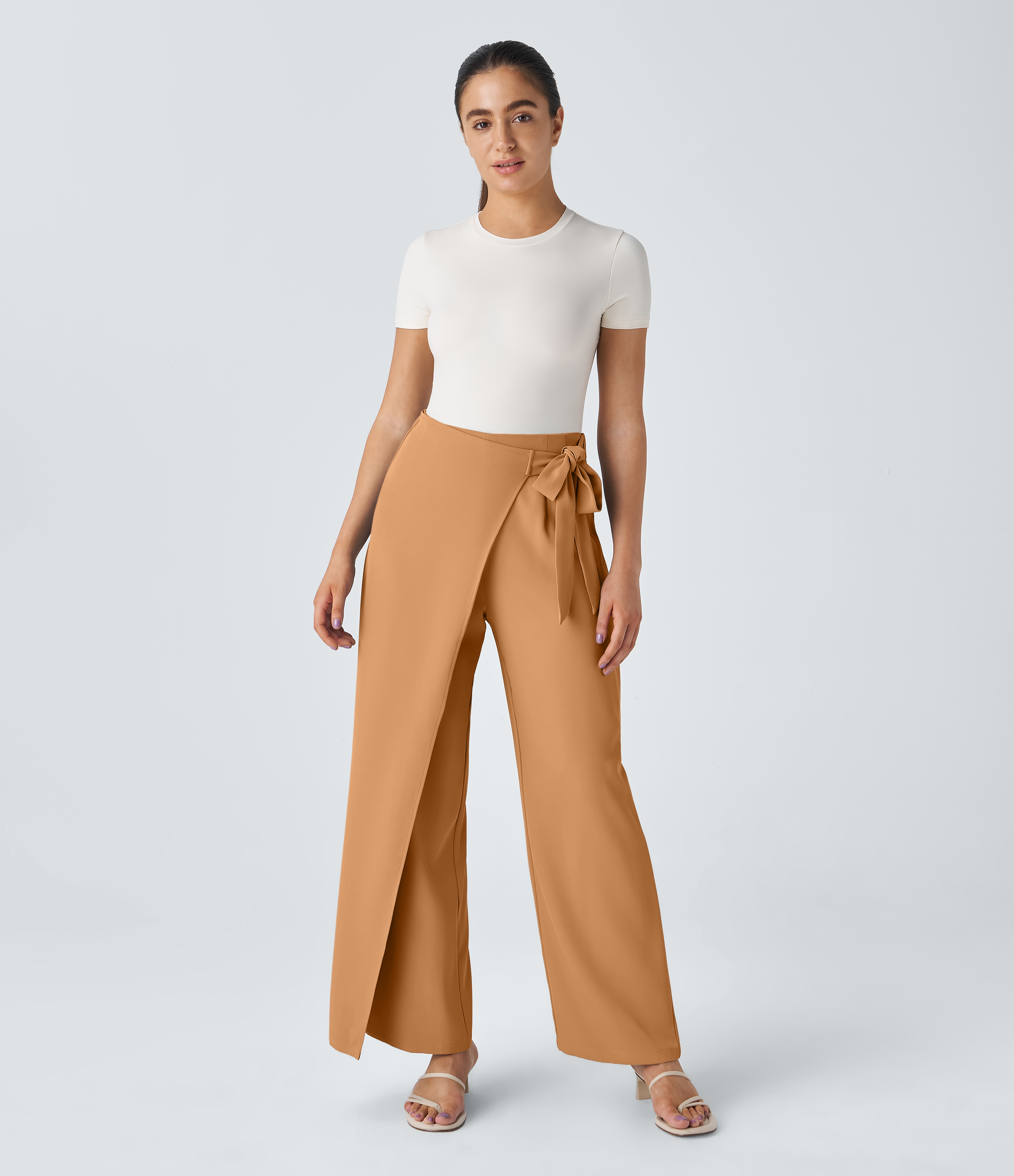 Halara High Waisted Tie Side Invisible Zipper Wide Leg Work Pants  - Gold Earth - XL(regular) sweatpants jogger pants stacked sweatpants 