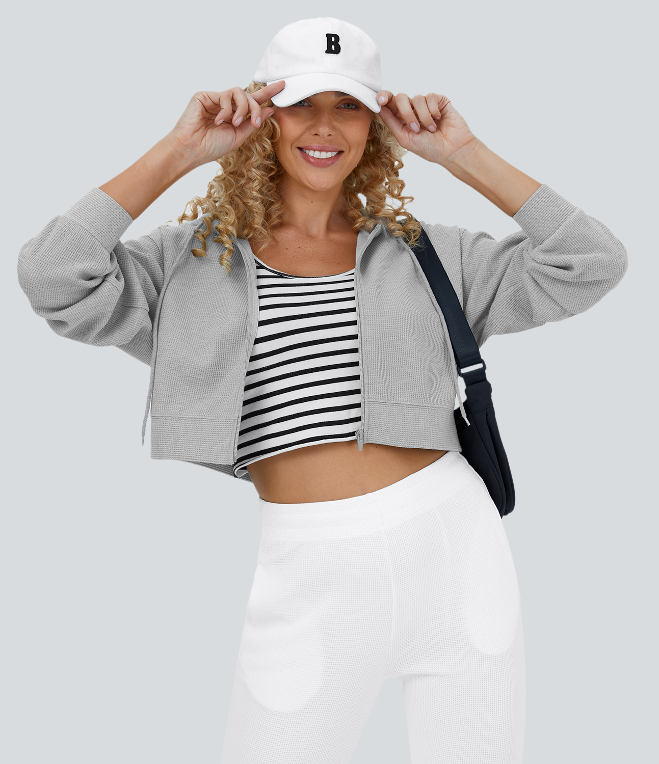 Halara Waffle Hooded Drawstring Zipper Cropped Casual Cotton Sports Sweatshirt  - Fog Gray - S 