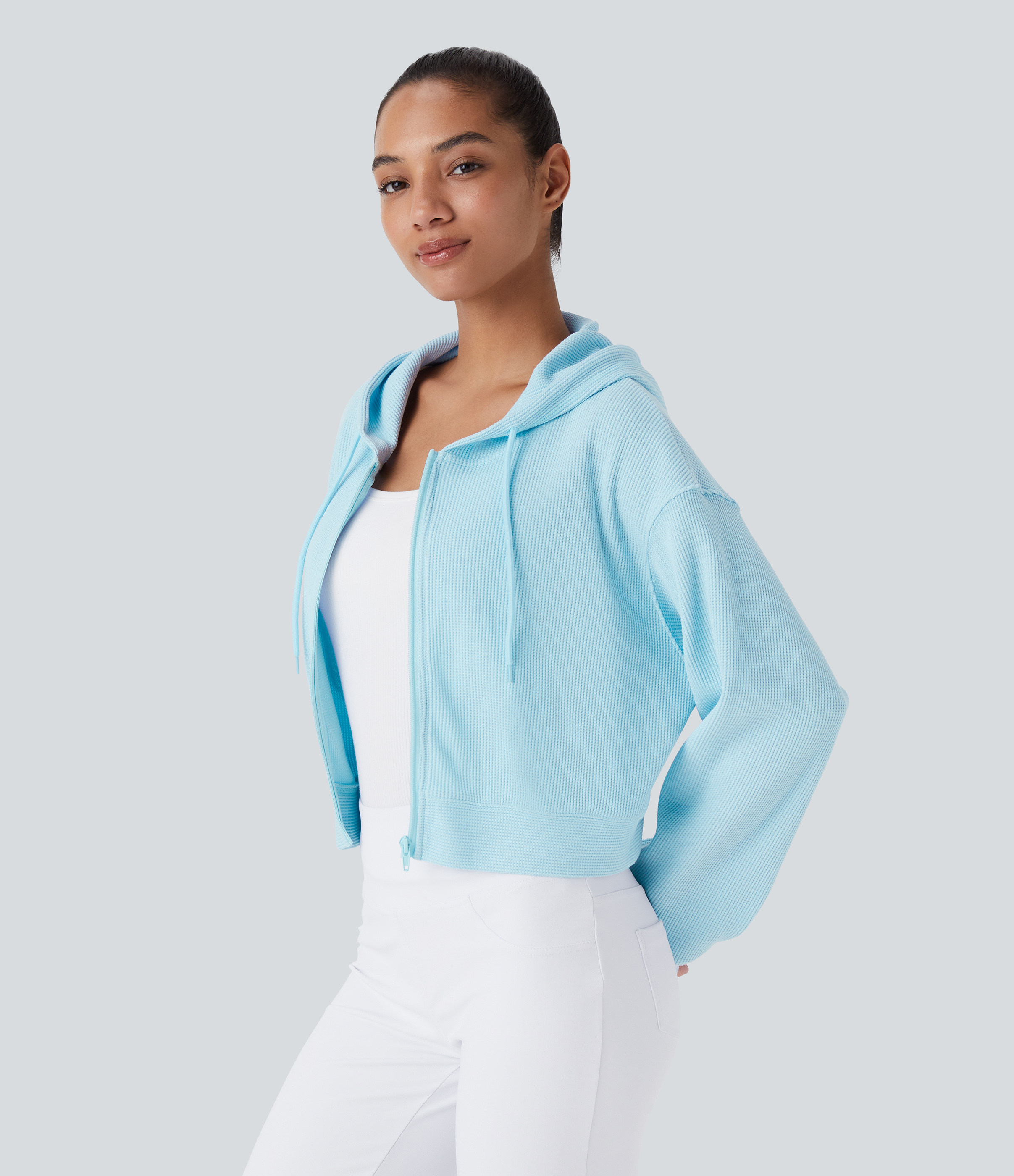 Halara Waffle Hooded Drawstring Zipper Cropped Casual Cotton Sports Sweatshirt  - Omphalodes - XL 
