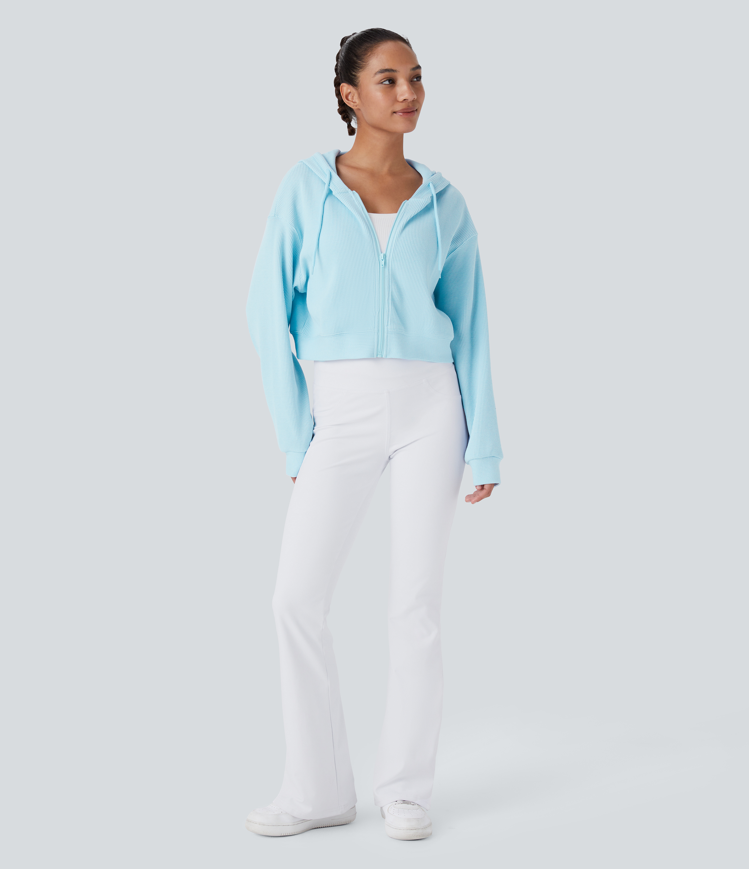 Halara Waffle Hooded Drawstring Zipper Cropped Casual Cotton Sports Sweatshirt  - Omphalodes - XL 