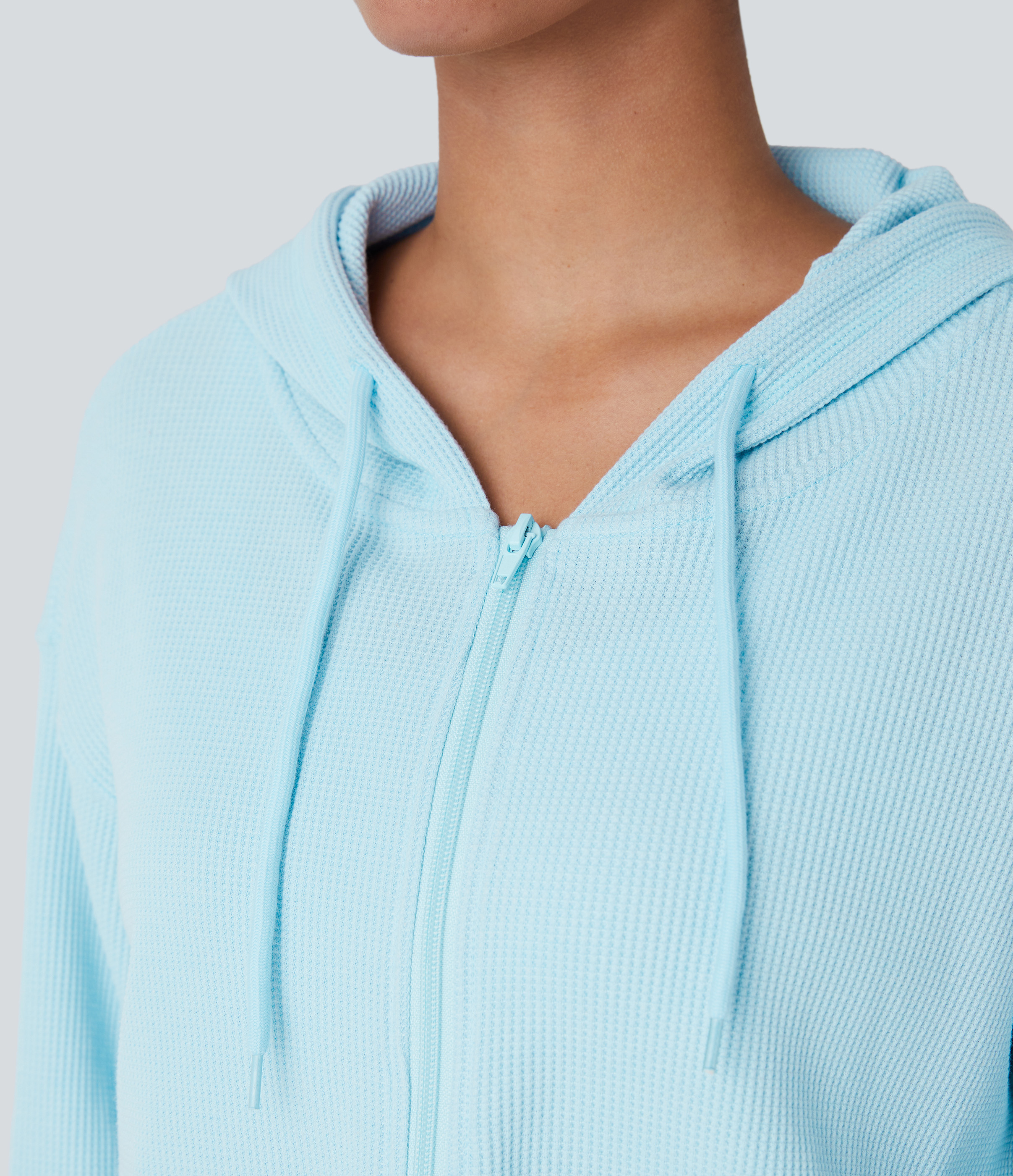 Halara Waffle Hooded Drawstring Zipper Cropped Casual Cotton Sports Sweatshirt  - Omphalodes - XL 
