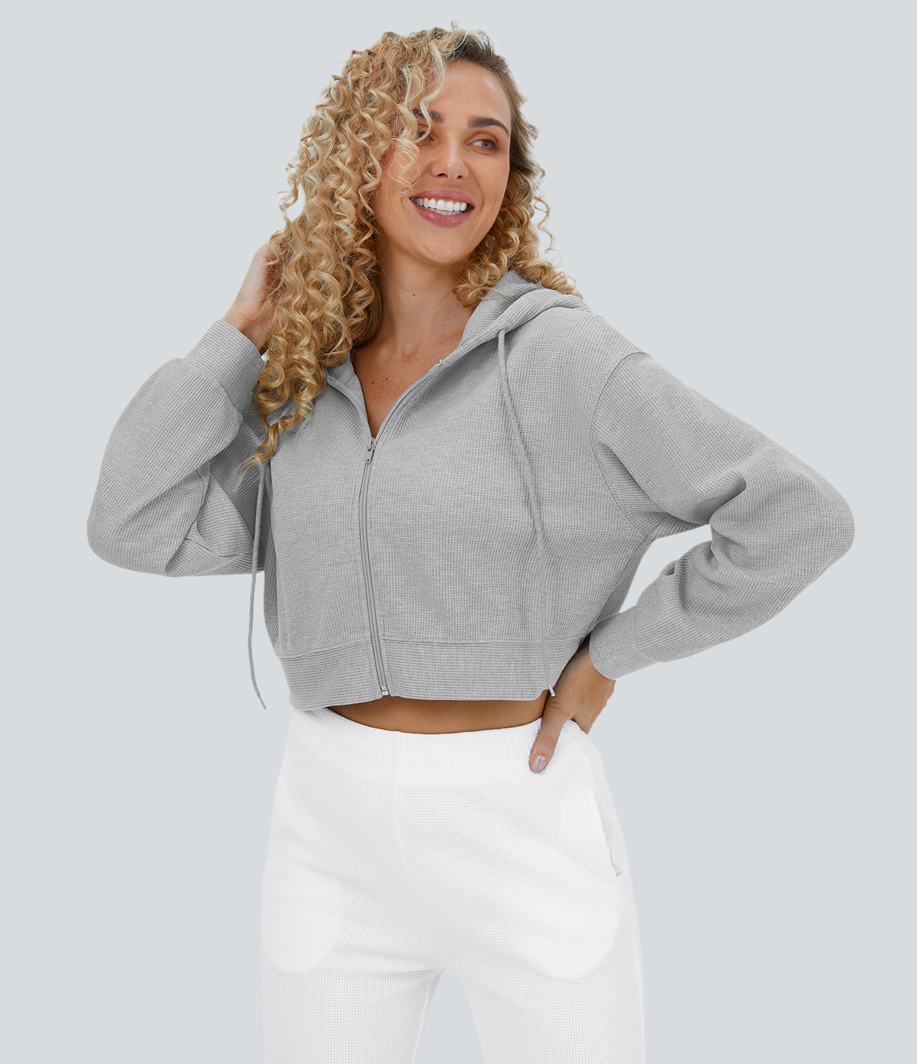 Halara Waffle Hooded Drawstring Zipper Cropped Casual Cotton Sports Sweatshirt  - Fog Gray - S 