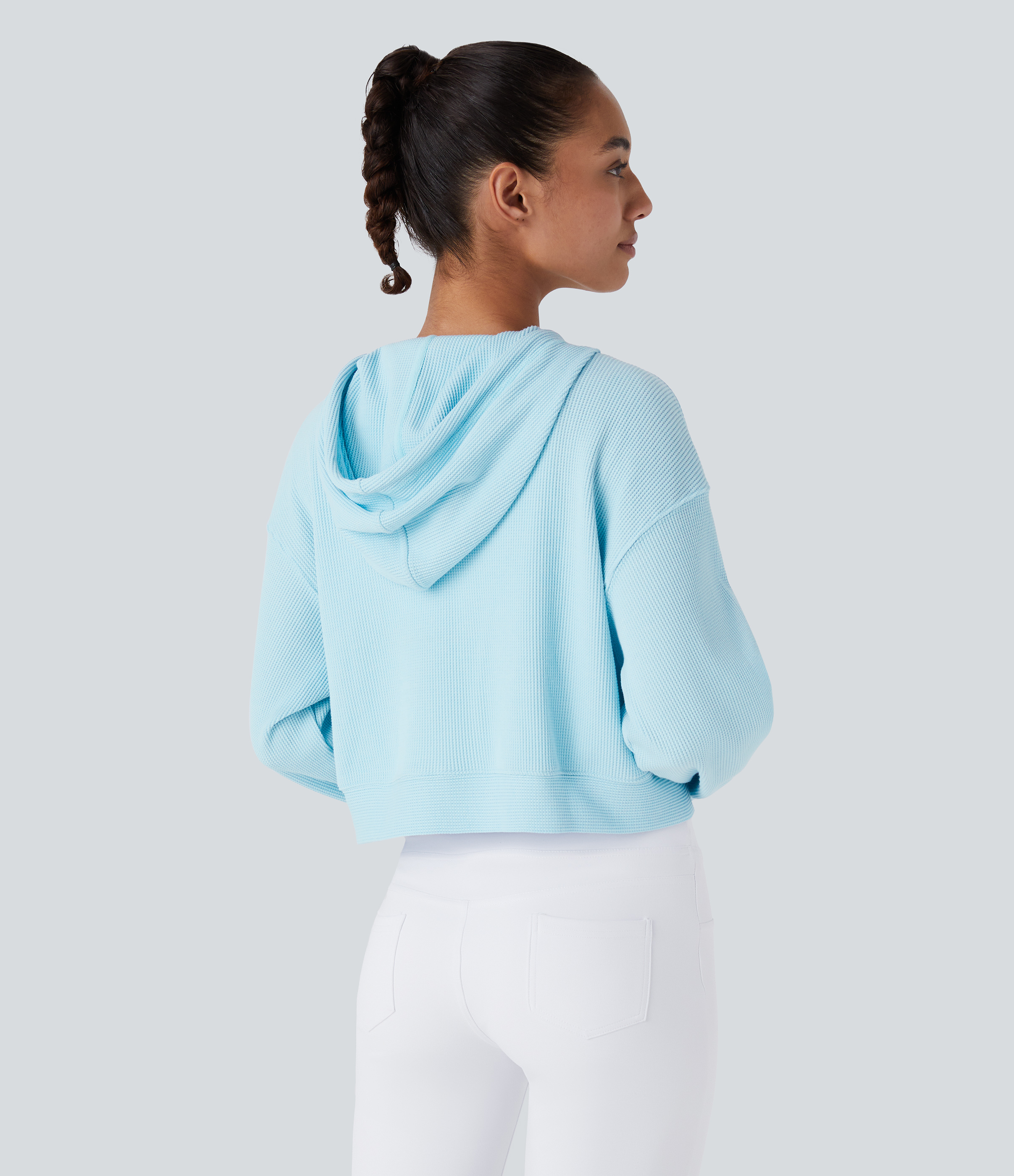 Halara Waffle Hooded Drawstring Zipper Cropped Casual Cotton Sports Sweatshirt  - Omphalodes - XL 