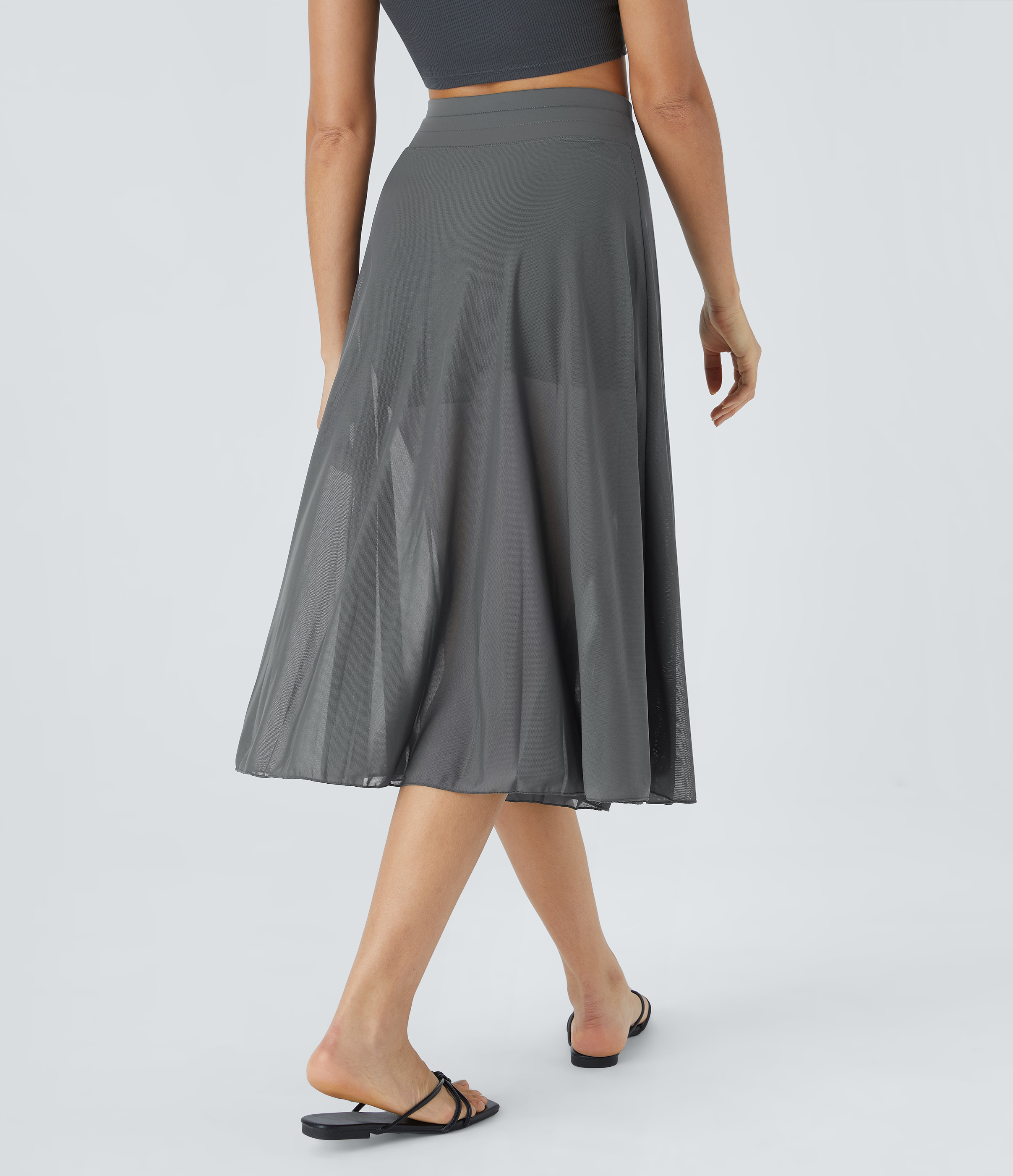 Halara High Waisted Drawstring Contrast Mesh 2-in-1 Side Pocket Flowy Midi Flare Casual Skirt  - Dark Shadow - XL midi skirt a line skirt 