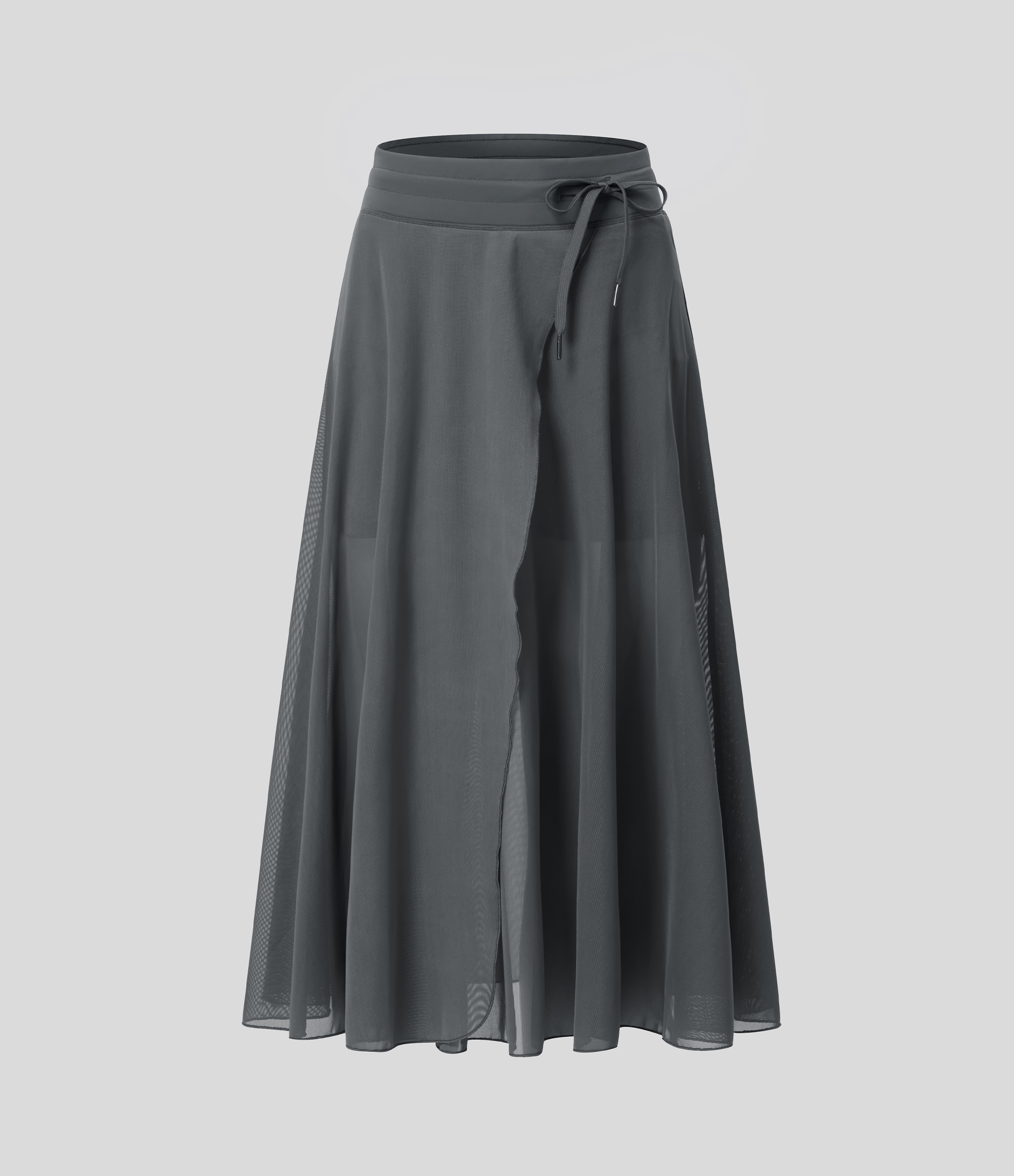 Halara High Waisted Drawstring Contrast Mesh 2-in-1 Side Pocket Flowy Midi Flare Casual Skirt  - Dark Shadow - XL midi skirt a line skirt 
