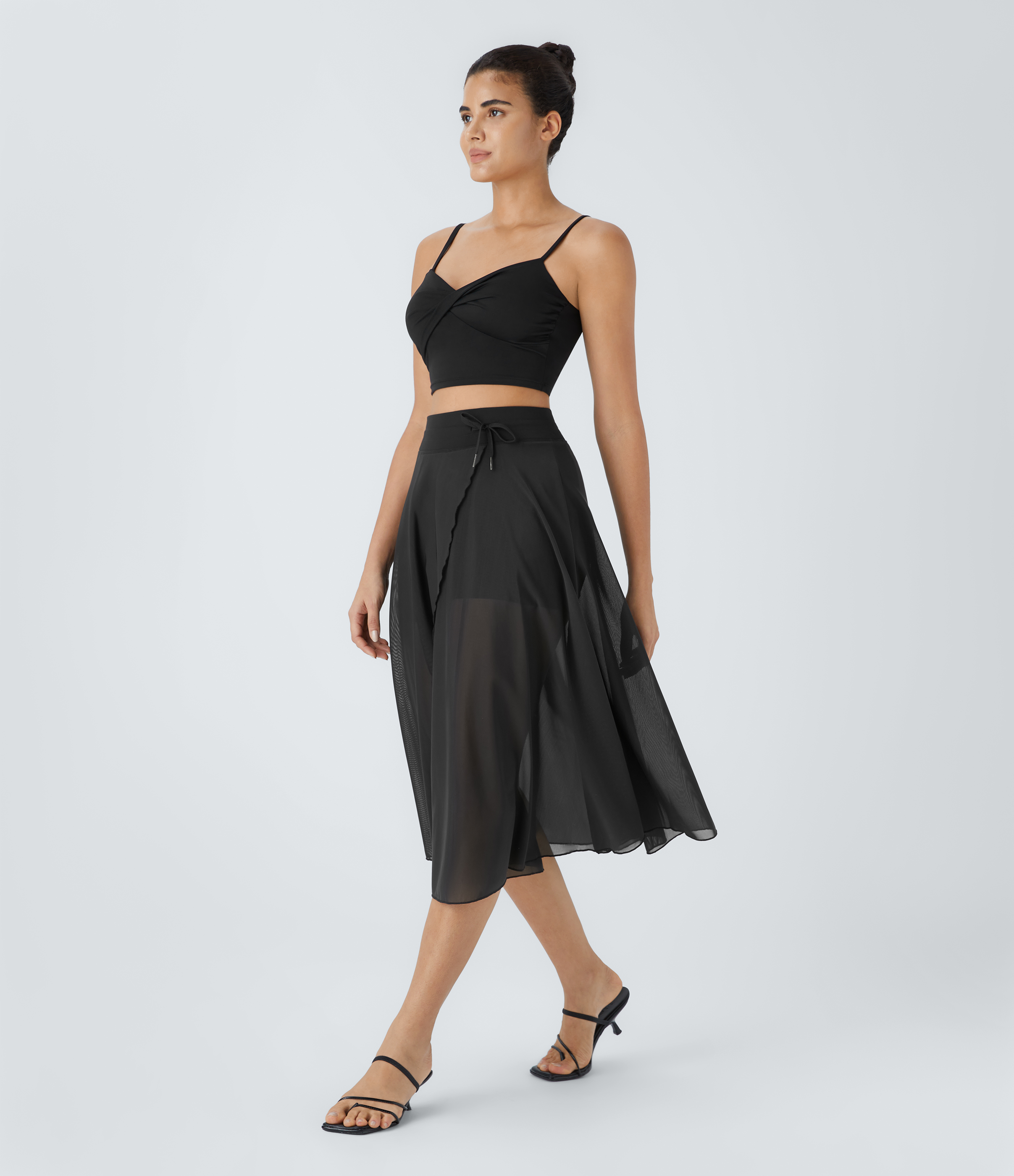 Halara High Waisted Drawstring Contrast Mesh 2-in-1 Side Pocket Flowy Midi Flare Casual Skirt  - Black - M midi skirt a line skirt 