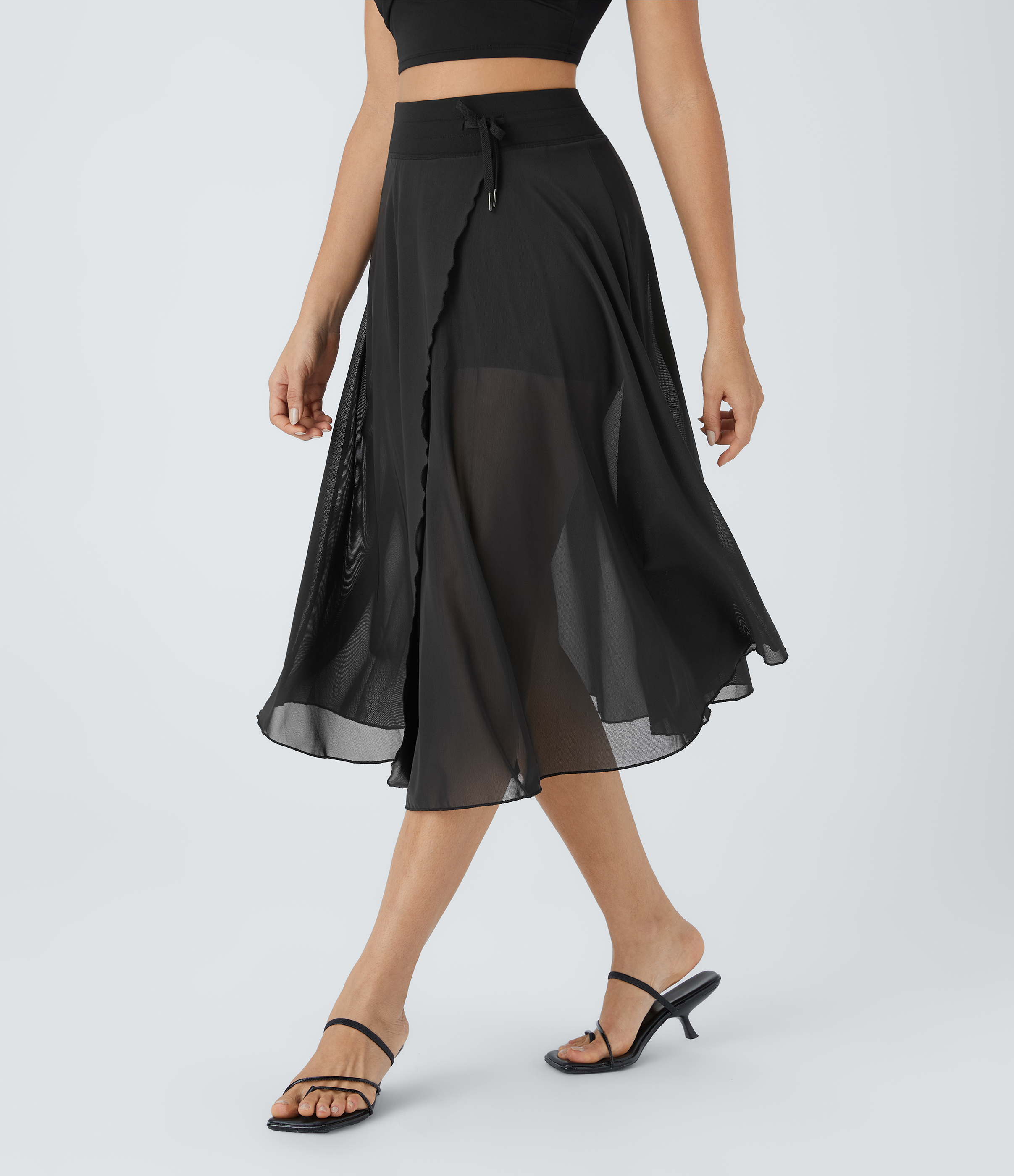 Halara High Waisted Drawstring Contrast Mesh 2-in-1 Side Pocket Flowy Midi Flare Casual Skirt  - Black - M midi skirt a line skirt 