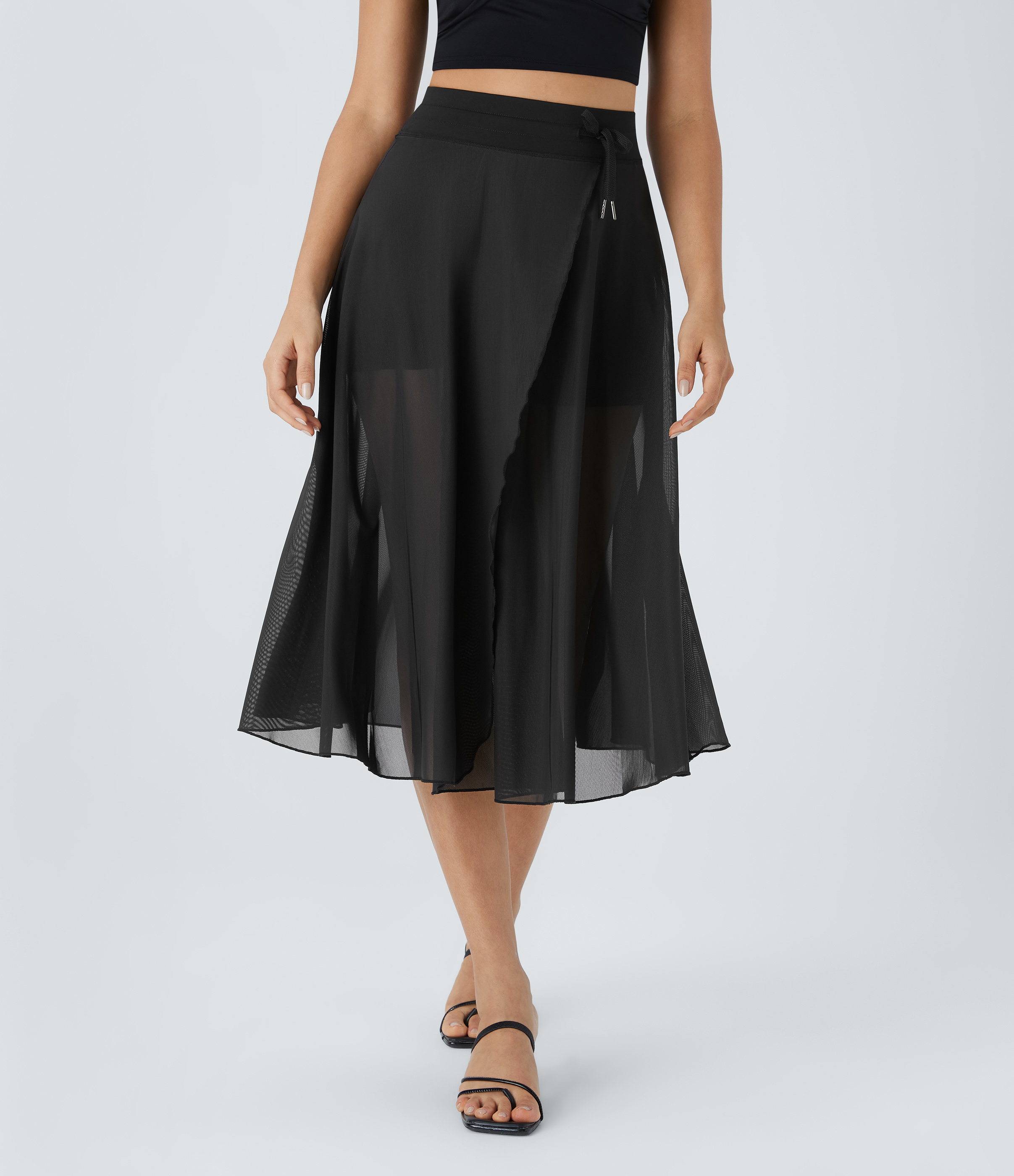 Halara High Waisted Drawstring Contrast Mesh 2-in-1 Side Pocket Flowy Midi Flare Casual Skirt  - Black - M midi skirt a line skirt 