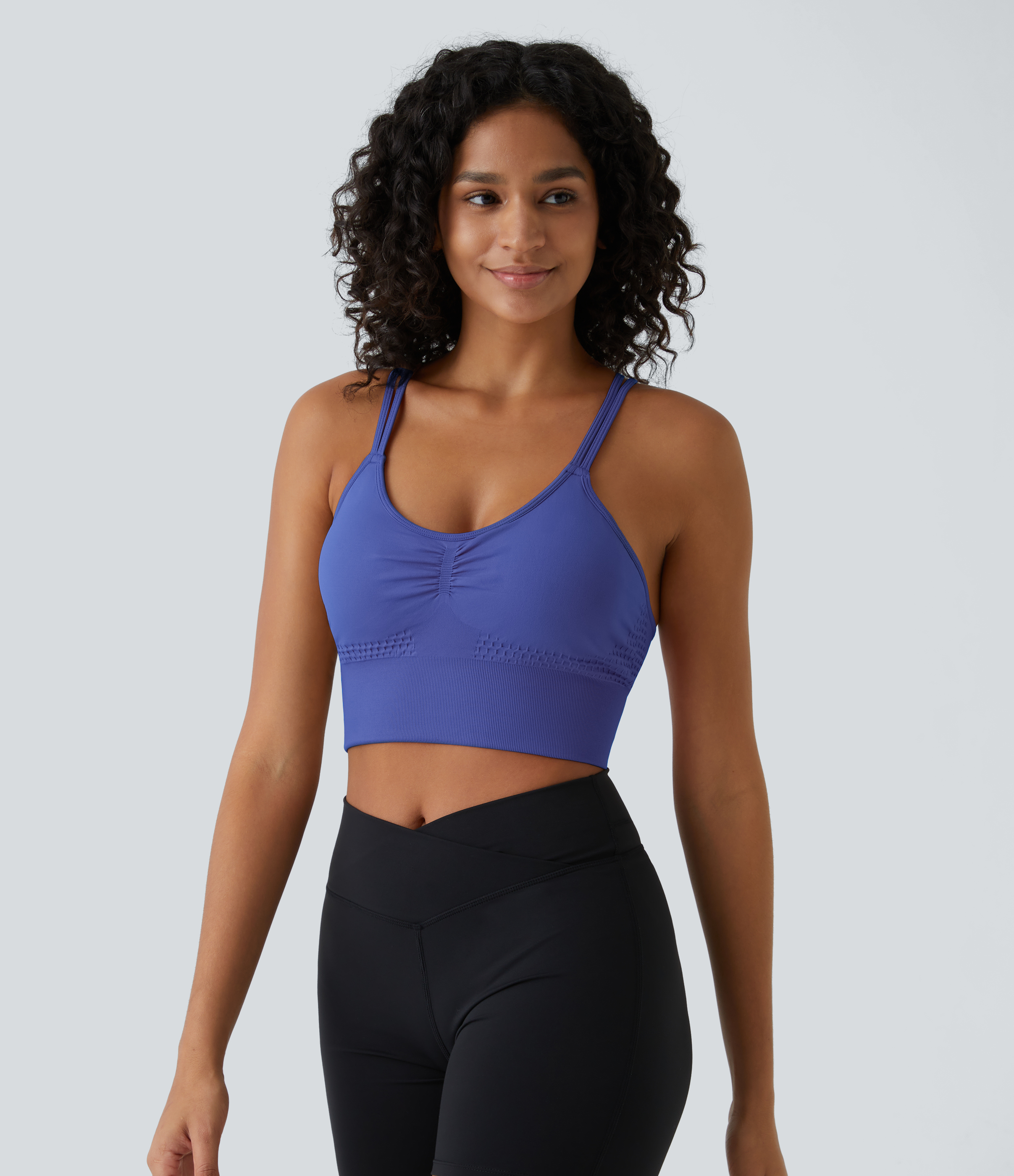 Halara Seamless Flow Low Support Ruched Double Straps Backless Crisscross Sports Bra  - Amparo Blue - XS push up bra strapless bra 
