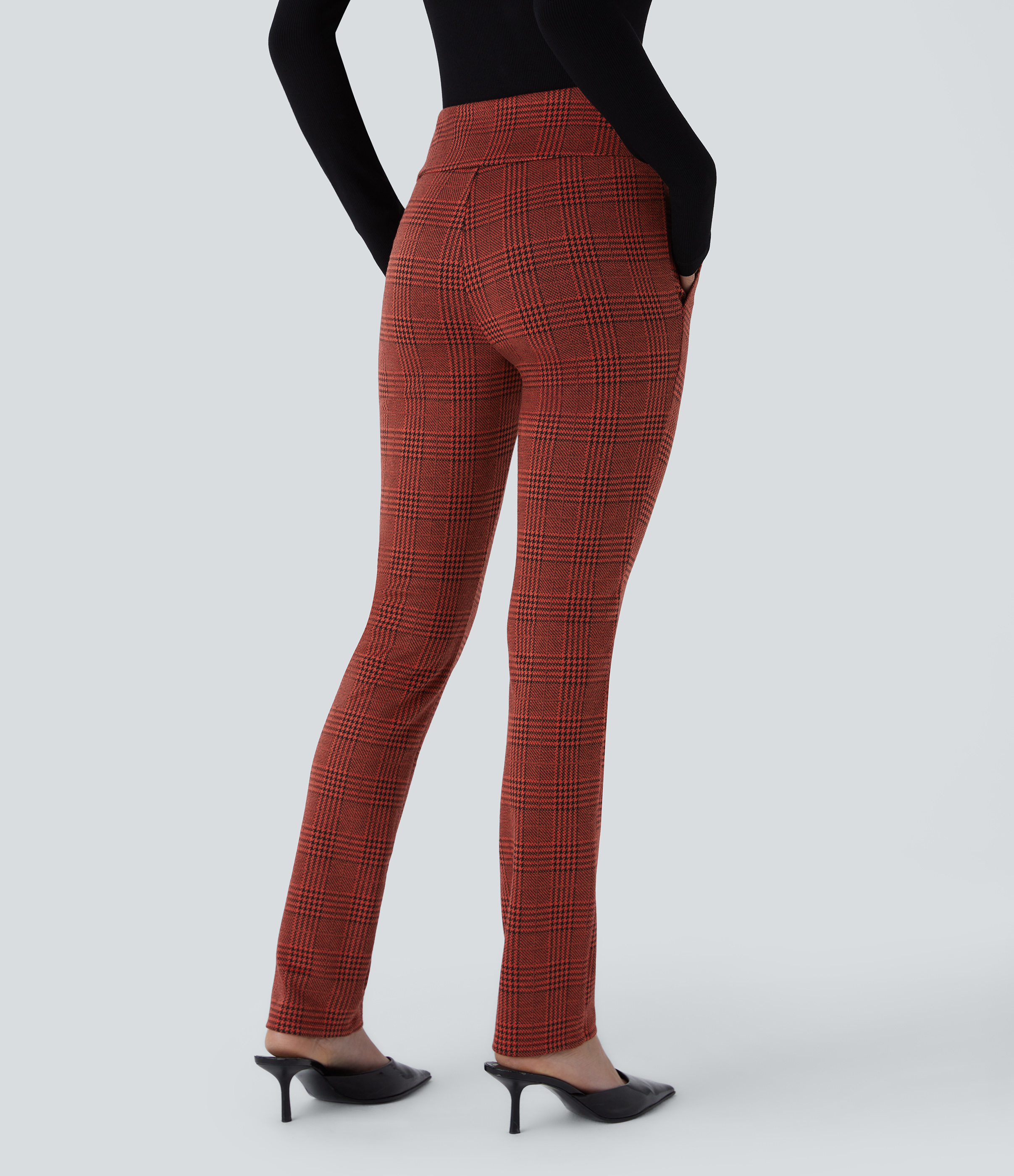 Halara Halara Flexв„ў High Waisted Decorative Button Side Pocket Houndstooth Plaid Skinny Work Pants  - Burgundy Houndstooth Pattern - M(regular) 