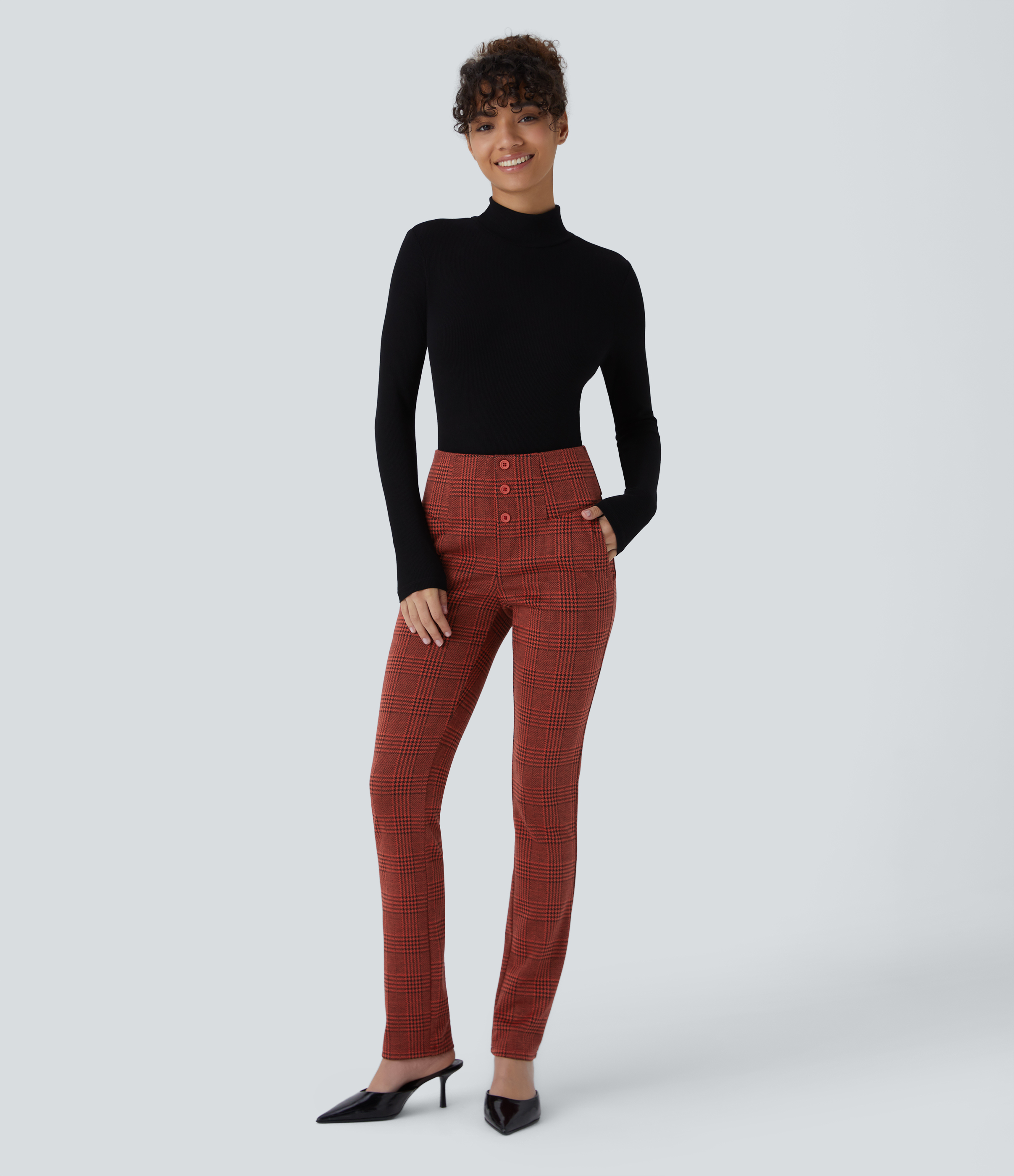 Halara Halara Flexв„ў High Waisted Decorative Button Side Pocket Houndstooth Plaid Skinny Work Pants  - Burgundy Houndstooth Pattern - M(regular) 