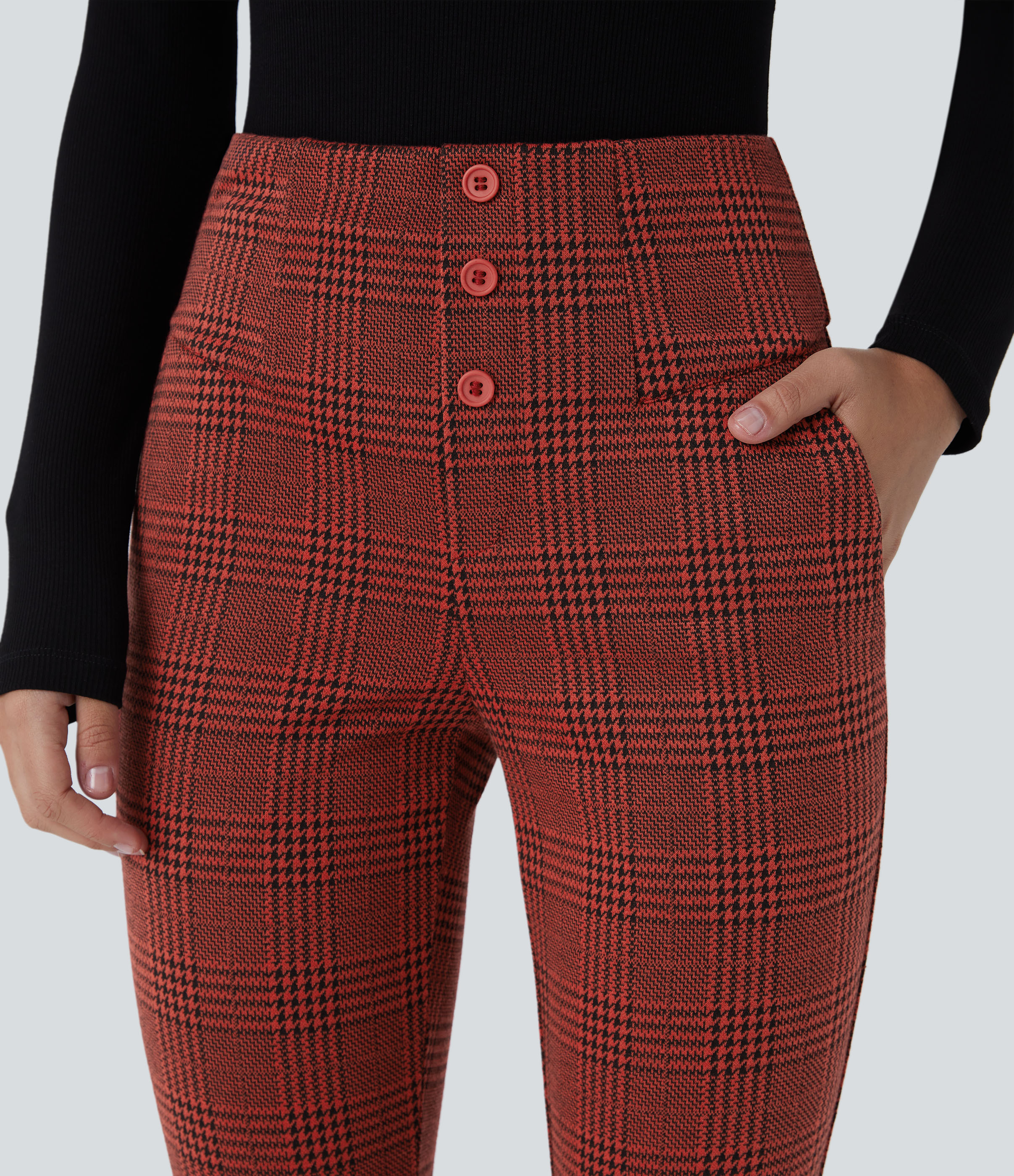 Halara Halara Flexв„ў High Waisted Decorative Button Side Pocket Houndstooth Plaid Skinny Work Pants  - Burgundy Houndstooth Pattern - M(regular) 