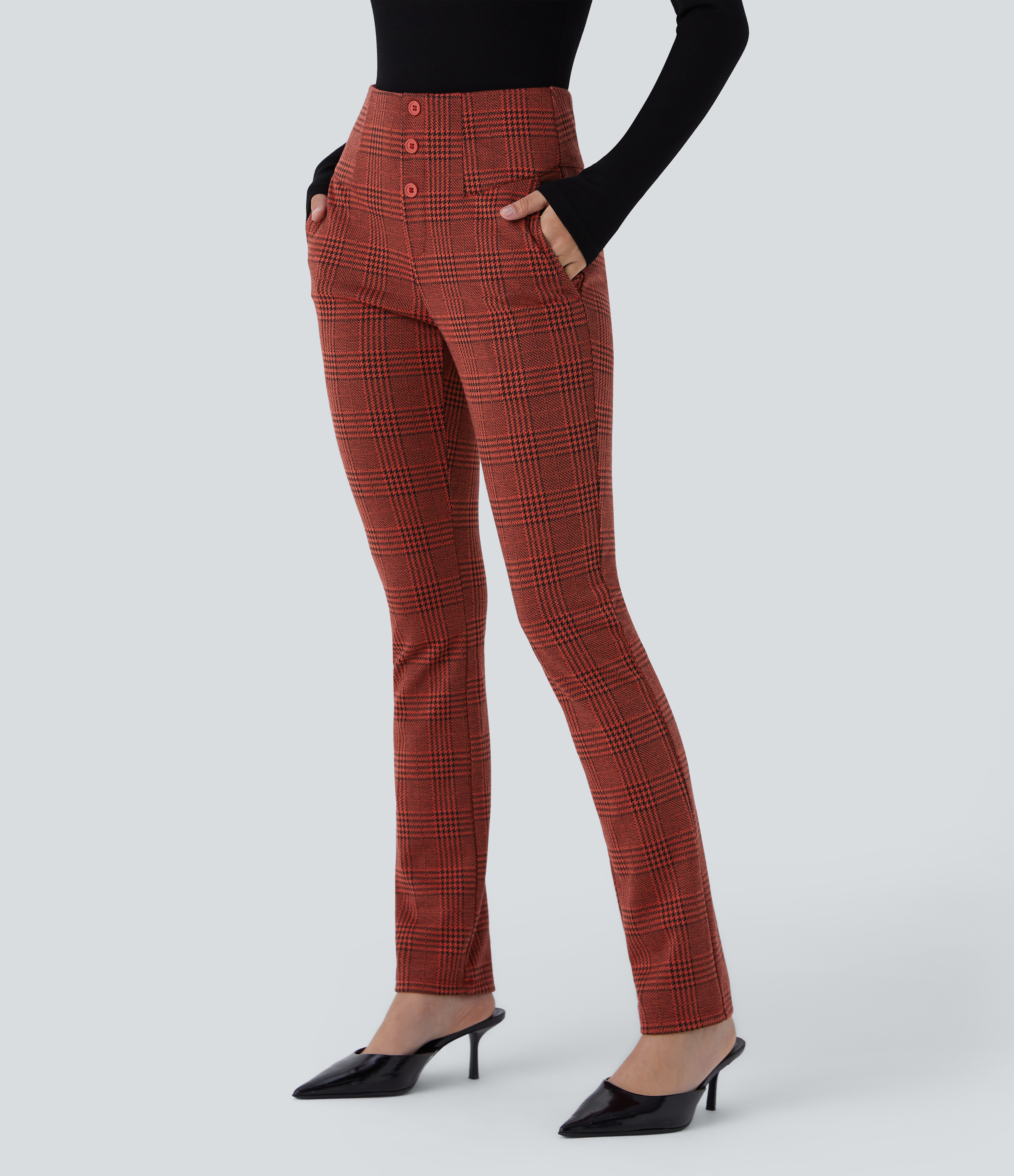 Halara Halara Flexв„ў High Waisted Decorative Button Side Pocket Houndstooth Plaid Skinny Work Pants  - Burgundy Houndstooth Pattern - M(regular) 