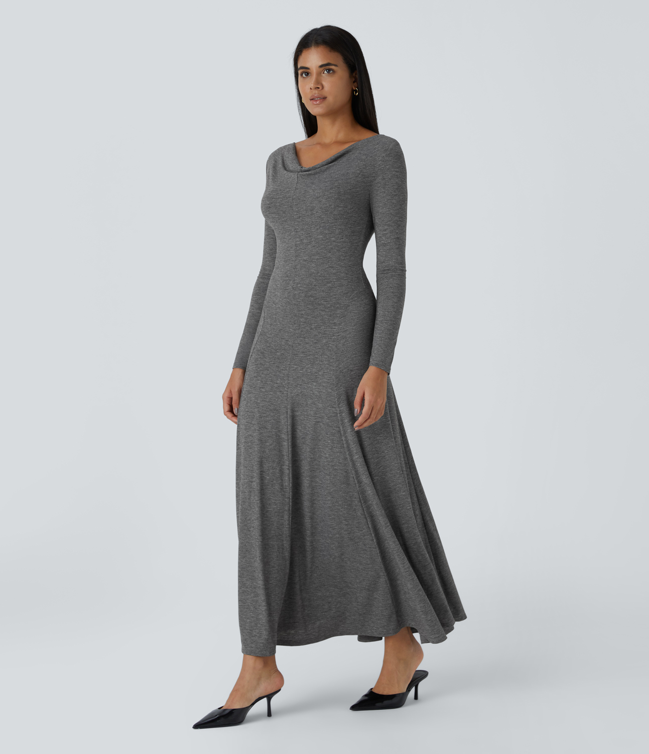 Halara Cowl Neck Long Sleeve Flowy Flare Maxi Casual Dress Casual Dress - Darl Gray Floral Yarn - S slip dress beach dress ruched dress 