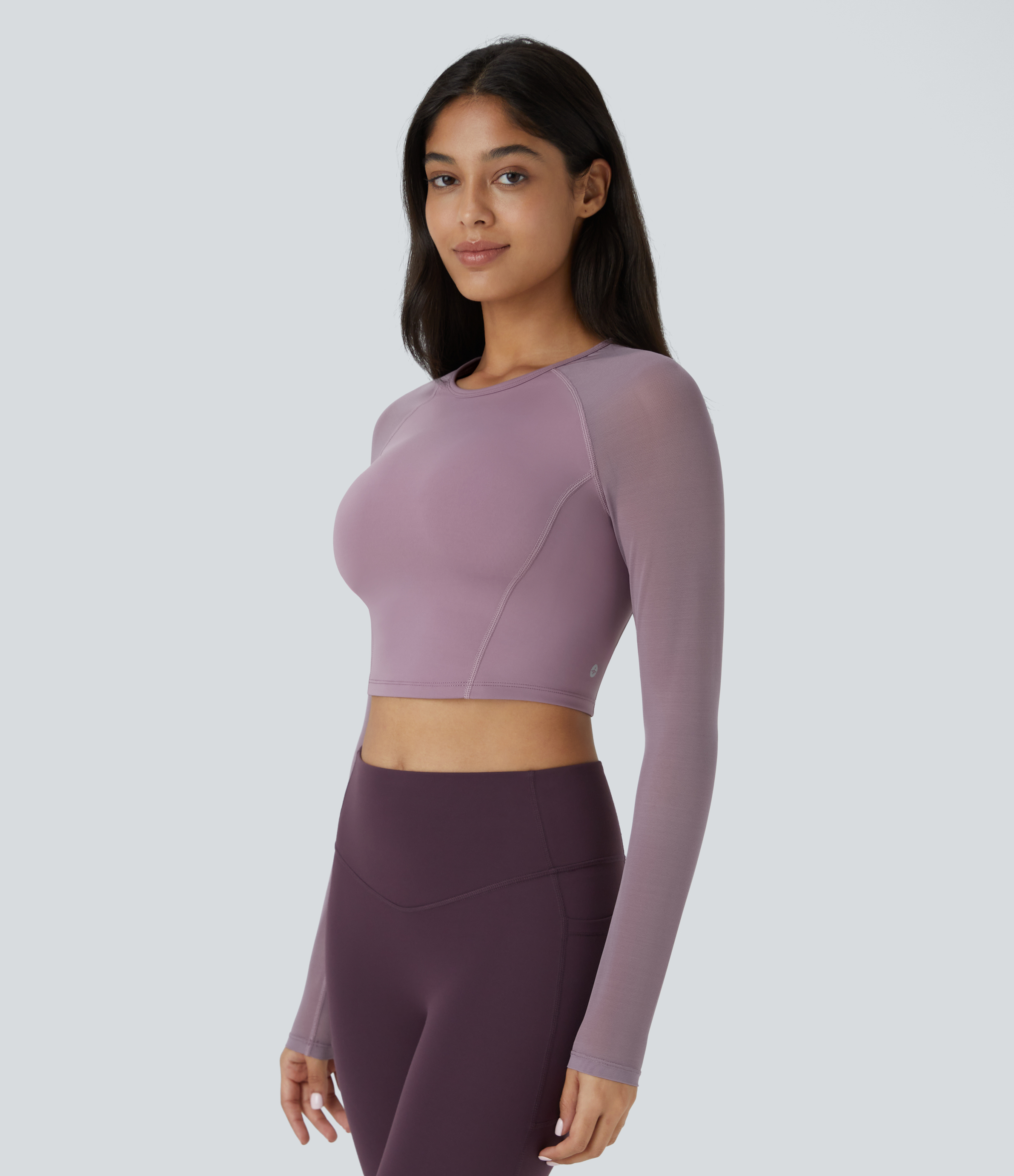 Halara Softlyzeroв„ў Airy Contrast Mesh Sleeve Cropped Cool Touch Yoga Sports Top  - Elderberry - XL 