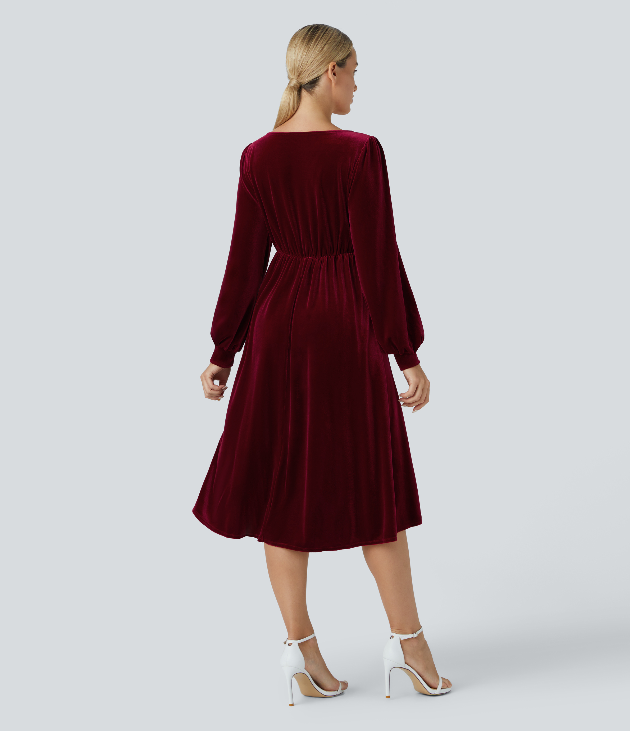 Sangria Vestido midi terciopelo cuello V cruzado plisado manga larga largo hasta rodilla / 2