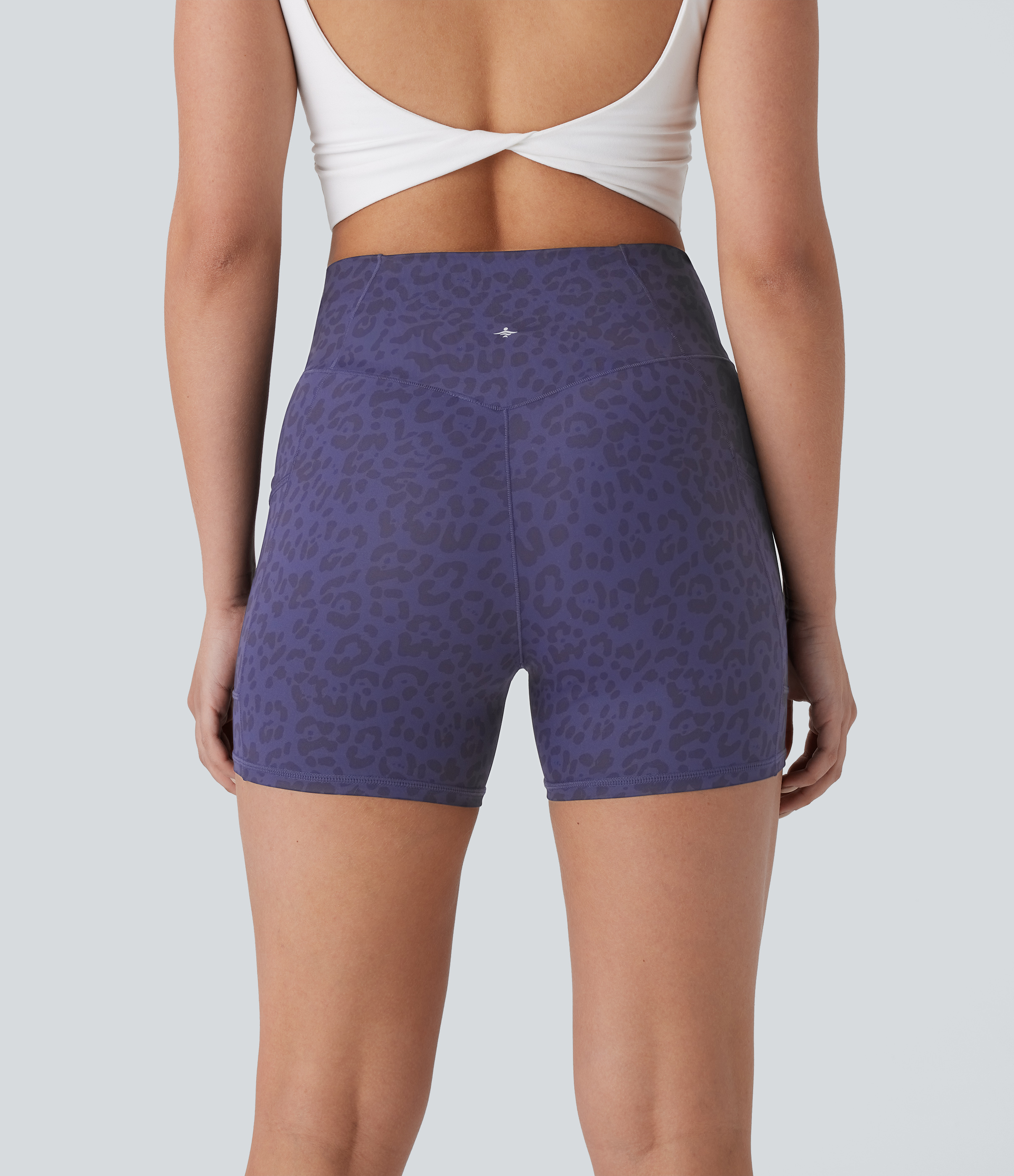 Halara Crossover High Waisted Side Pocket Leopard Print Yoga Biker Shorts 4``  - Dark Blue Leopard Print - XS biker shorts women 