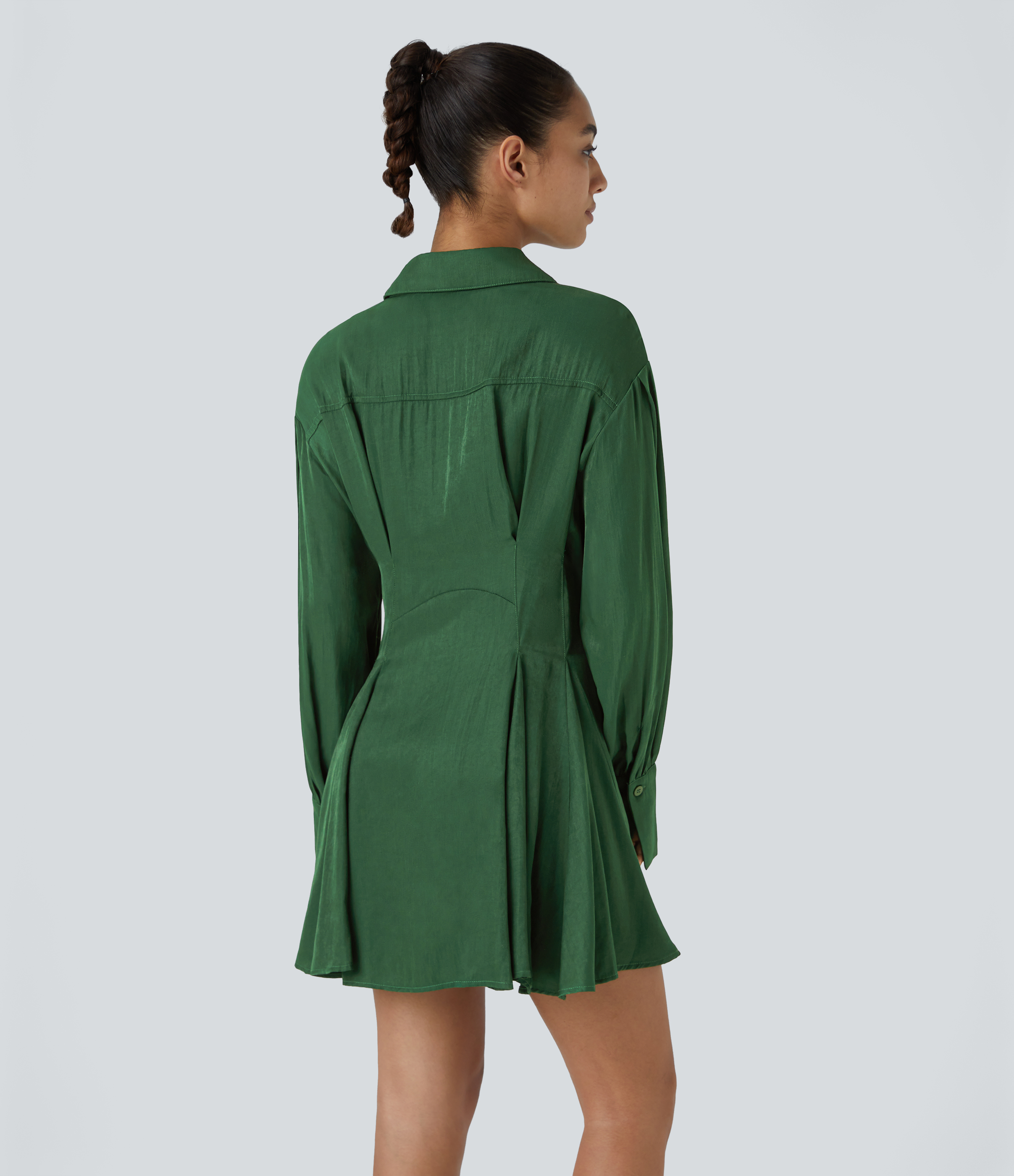 Halara Collared Long Sleeve Skater Mini Casual Shirt Dress Casual Dress - Eden - S slip dress beach dress ruched dress halter dress 