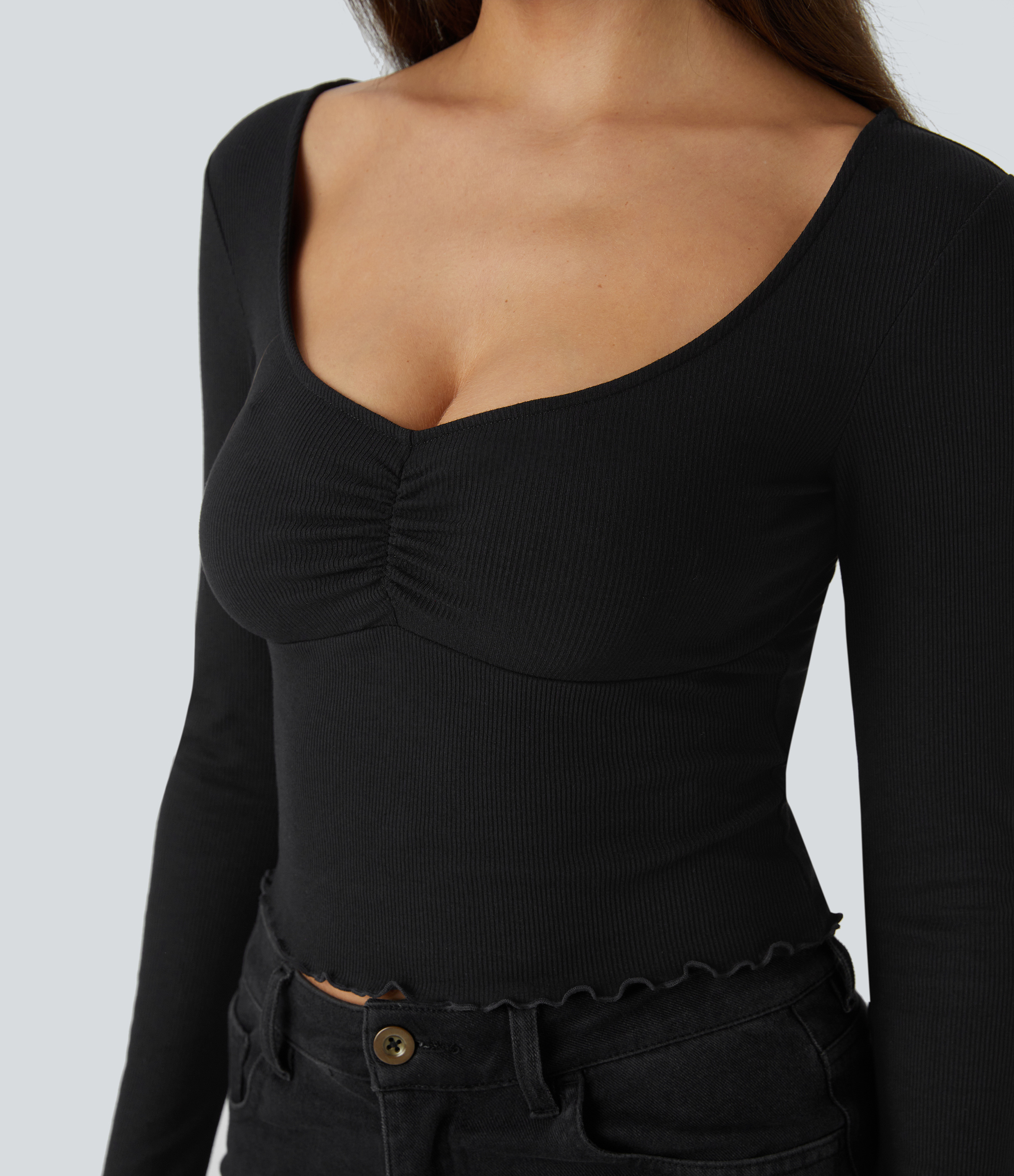 Halara Ribbed Knit Frill Ruched Long Sleeve Cropped Casual Sports Top  - Black - XS 